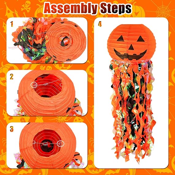 5-Pack Pumpkin Paper Lanterns for Halloween Party Decorations | Orange Black Hanging Paper Lanterns for Birthday, Wedding, Graduation, Classroom Decor, Garden, Porch & Fall Festival