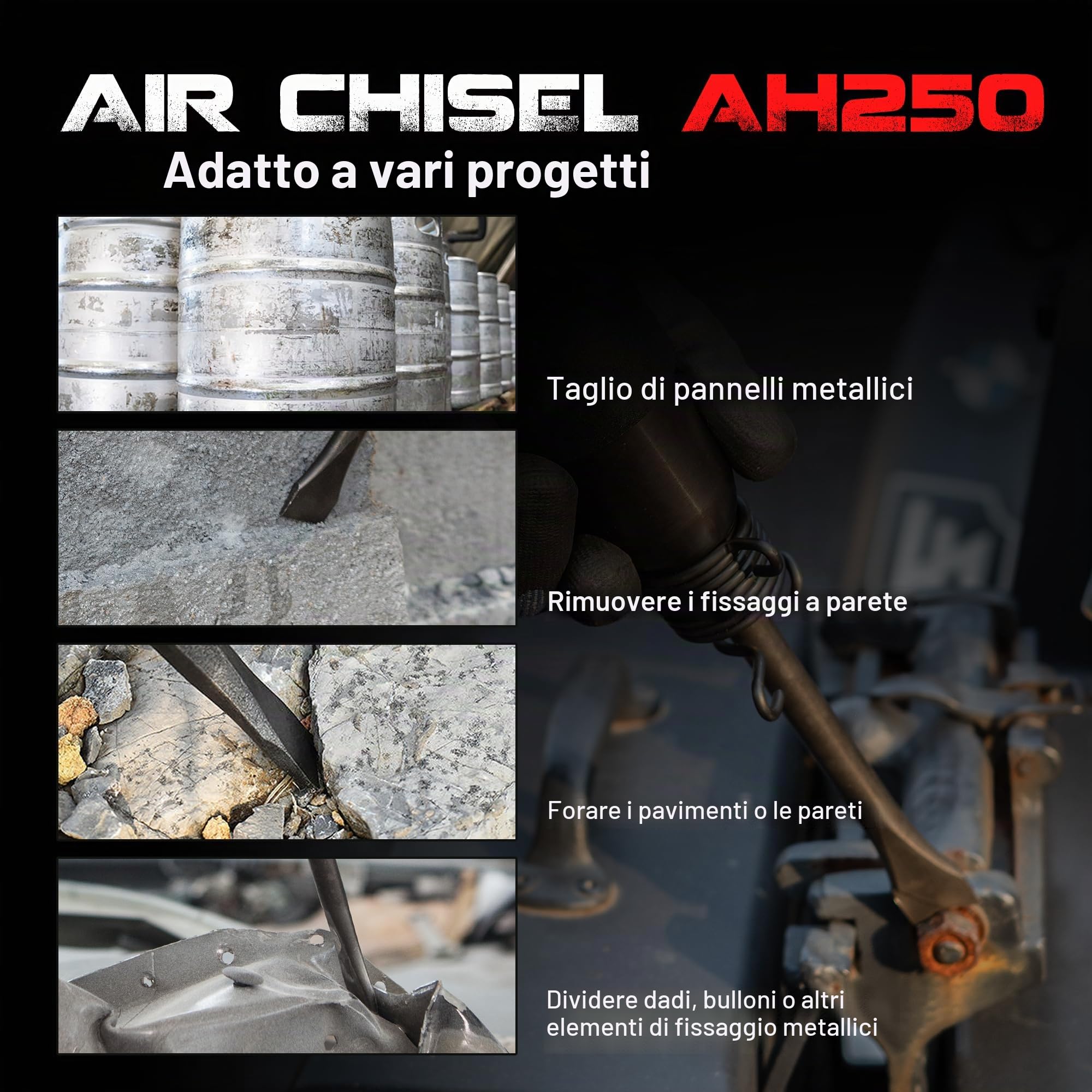 Kit martello pneumatico a canna lunga UW-AH250 con fermo a cambio rapido e 5 scalpelli, corsa 3-5/8 pollici, 2200 BPM, peso leggero (AH250P - canna lunga)