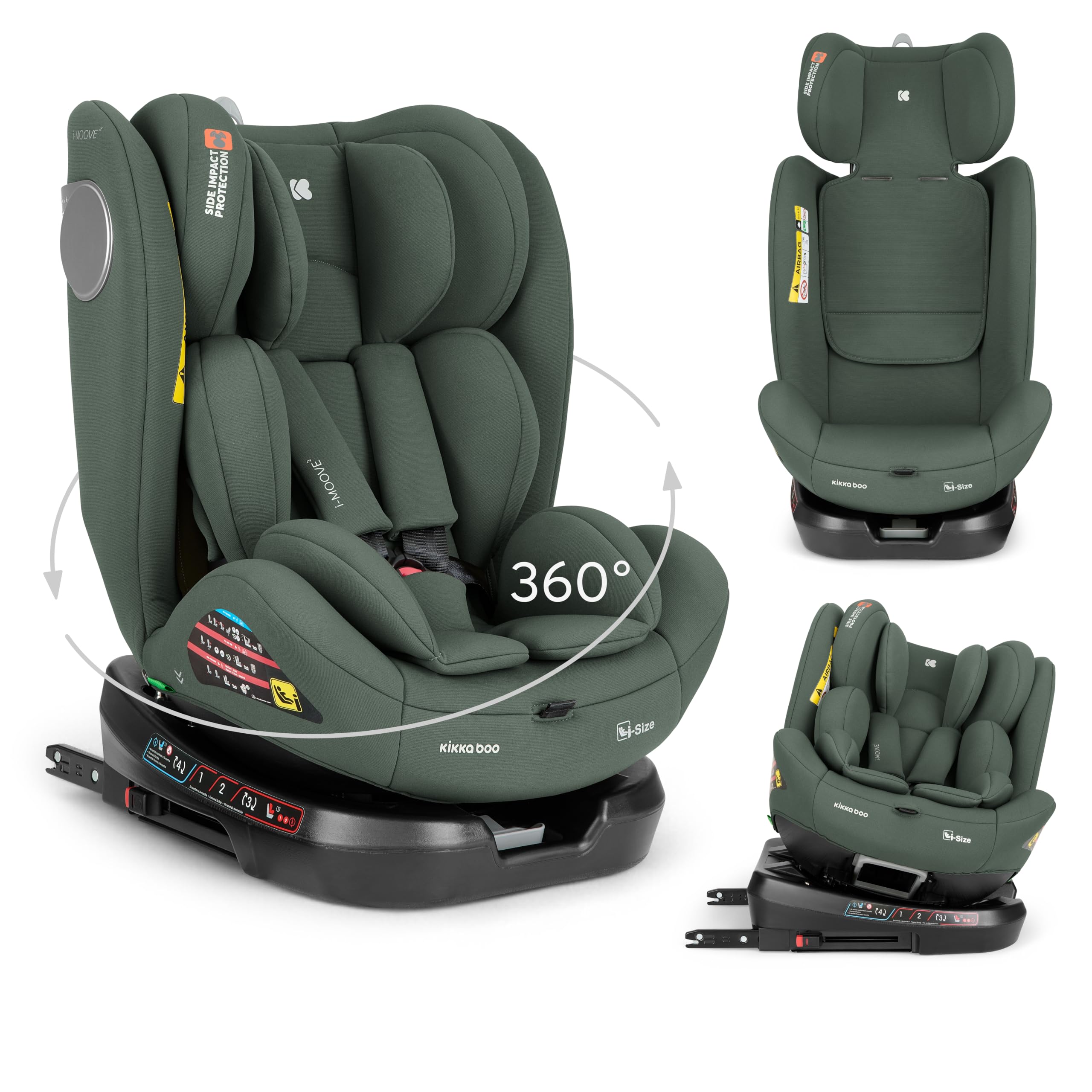KikkaBoo Siège Auto Bébé 0 à 36 kg (40-150 cm) i-MOOVE 2, Rotation 360°, ISOFIX, i-Size, Dos & Face à la Route, Appuie-tête Réglable, Inclinable, Vert Armée