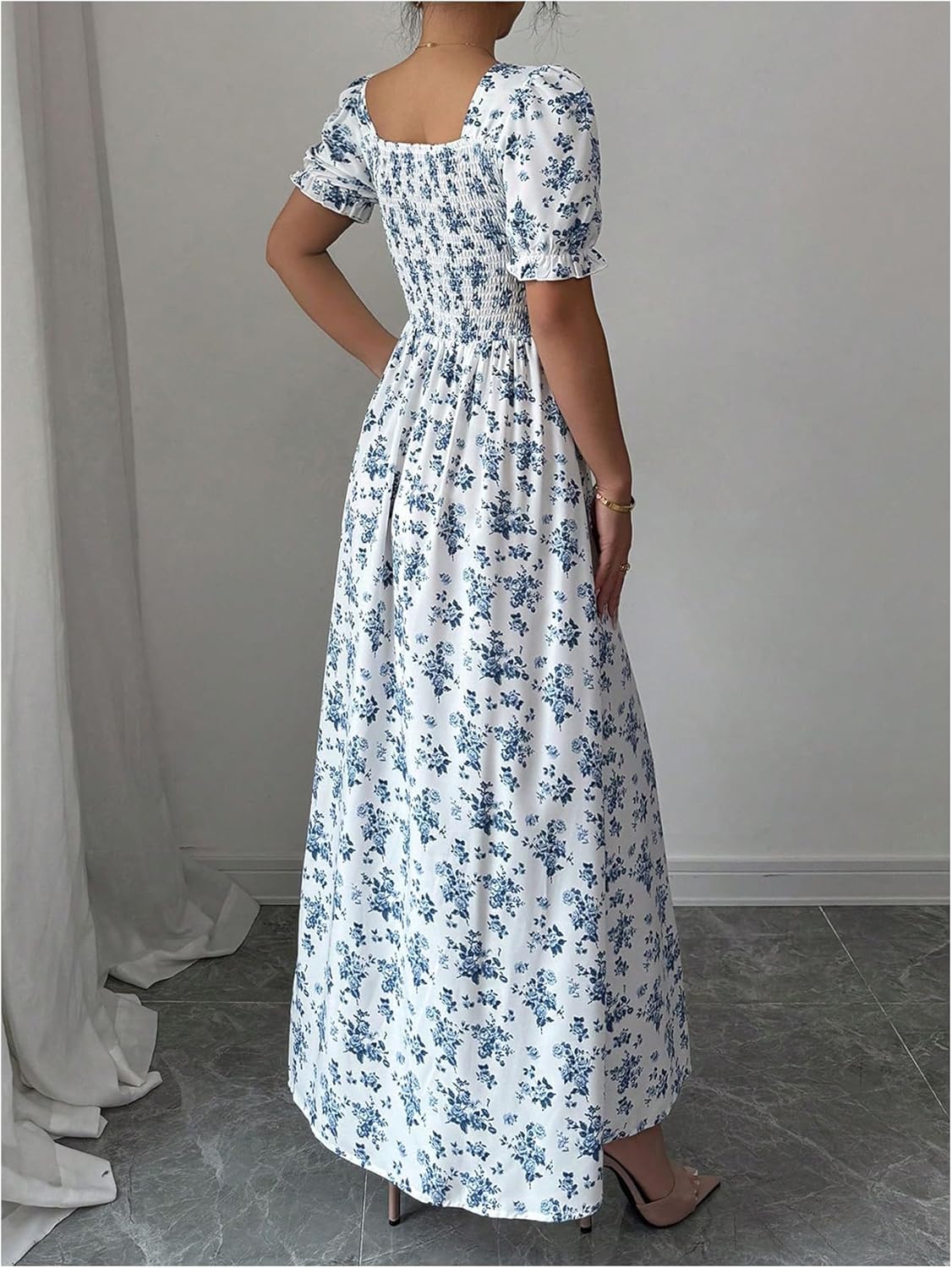 Verdusa Women's Boho Floral Flowy Maxi Dress Puff Sleeve Milkmaid Dress Ruched Bust Flared Summer Wedding Guest Dresses - Image 2