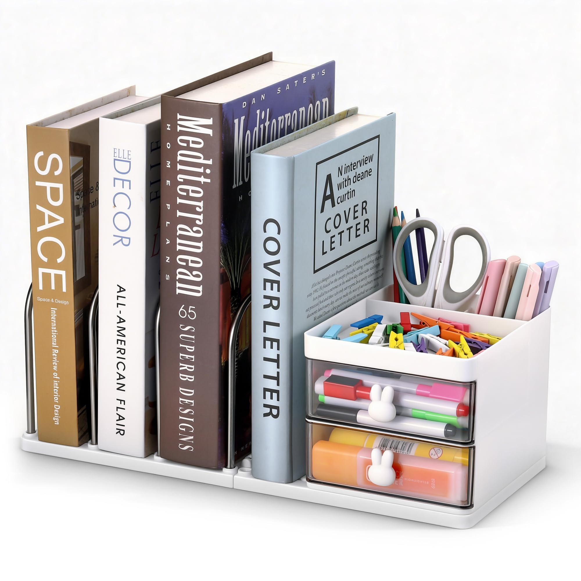TranRantic Desk Organiser with File Holder, Space Saving Stationery Organiser with Drawers, Multifunctional Desk Storage, Practical Accessories Organizer for Office and School Supplies(White)