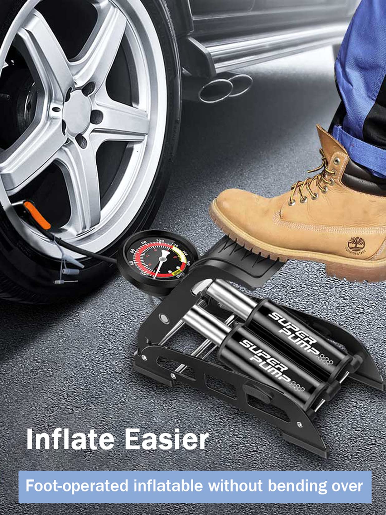 Moto Bomba de pie con manómetro Exacto y la válvula Inteligente, portátil de Doble Cilindro de Suelo de la Bomba de Aire del neumático de Bicicleta, Motocicleta, Coche