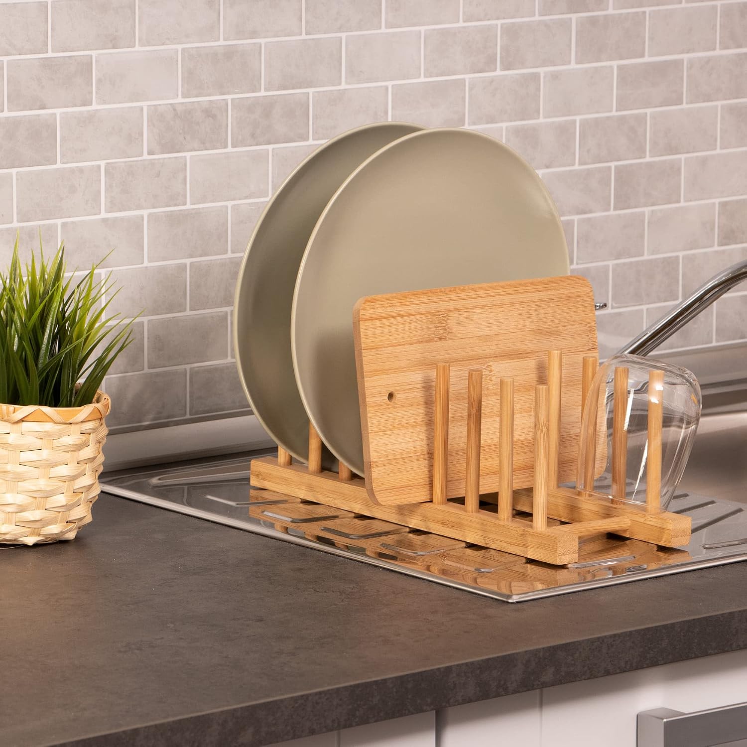 COM-FOUR Égouttoir à Vaisselle Bambou: Rangement Assiettes & Plats, Gain de Place, Écologique - Image secondaire