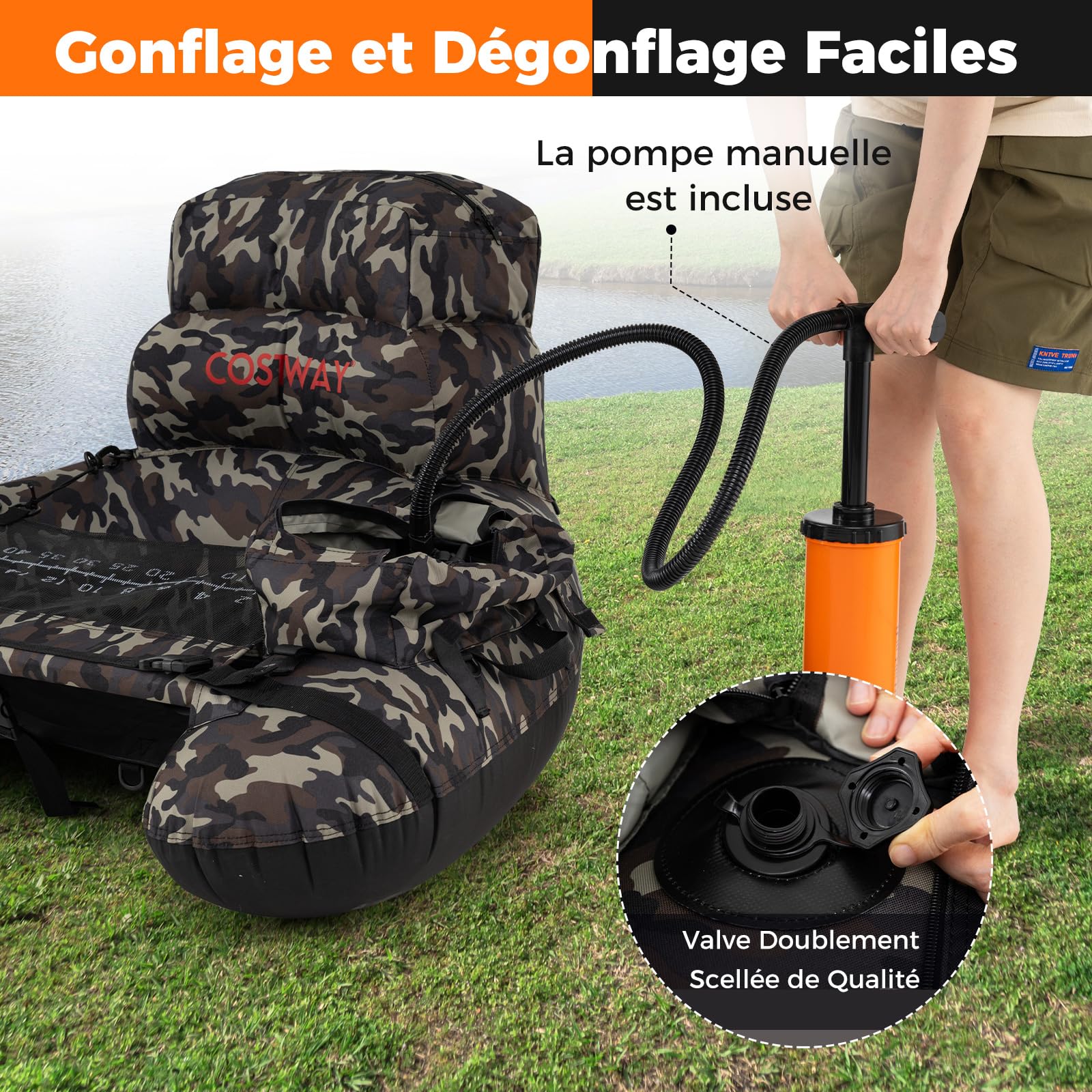COSTWAY Bateau de Pêche Gonflable avec Bretelles, Bouée de Pêche Portable avec Pompe Manuelle Pagaie Palmes Support pour Canne À Pêche Règle À Poissons, Charge 150 kg