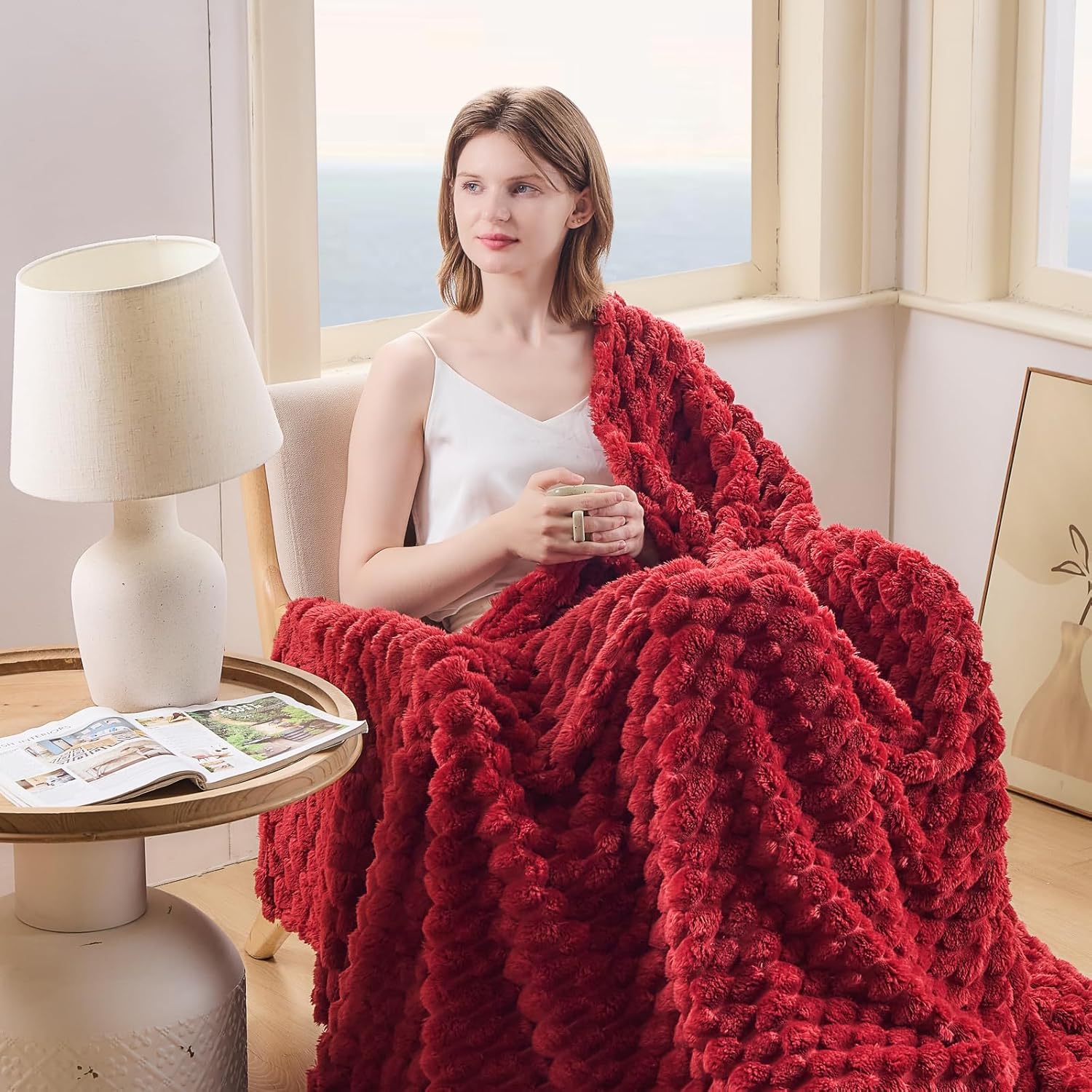 NEWCOSPLAY Super Soft Throw Blanket Red Premium Silky Flannel Fleece 3D Clouds Stylish Jacquard Lightweight Bed Blanket All Season Use 350GSM (Red, Throw(50"x60")) - Image 2