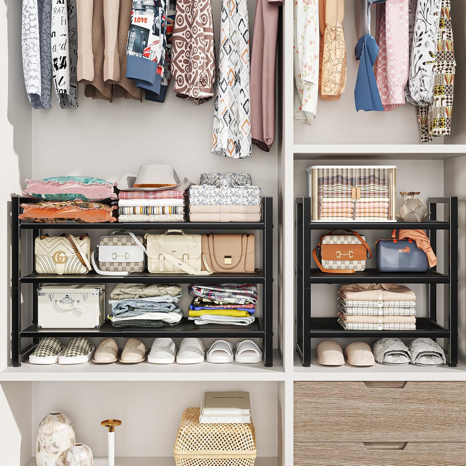 Simple Trending 3-Tier Expandable Shoe Rack, Adjustable & Stackable Shoe Organizer, Metal Mesh Free Standing Shoe Shelf Storage for Closet Entryway Doorway, Black