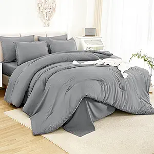Litanika King Size Comforter Set Medium Gray - 7 Pieces Bed in a Bag King Bedding Comforter Sets, Solid Lightweight Bed Set with Comforter, Sheets, Pillowcases & Shams