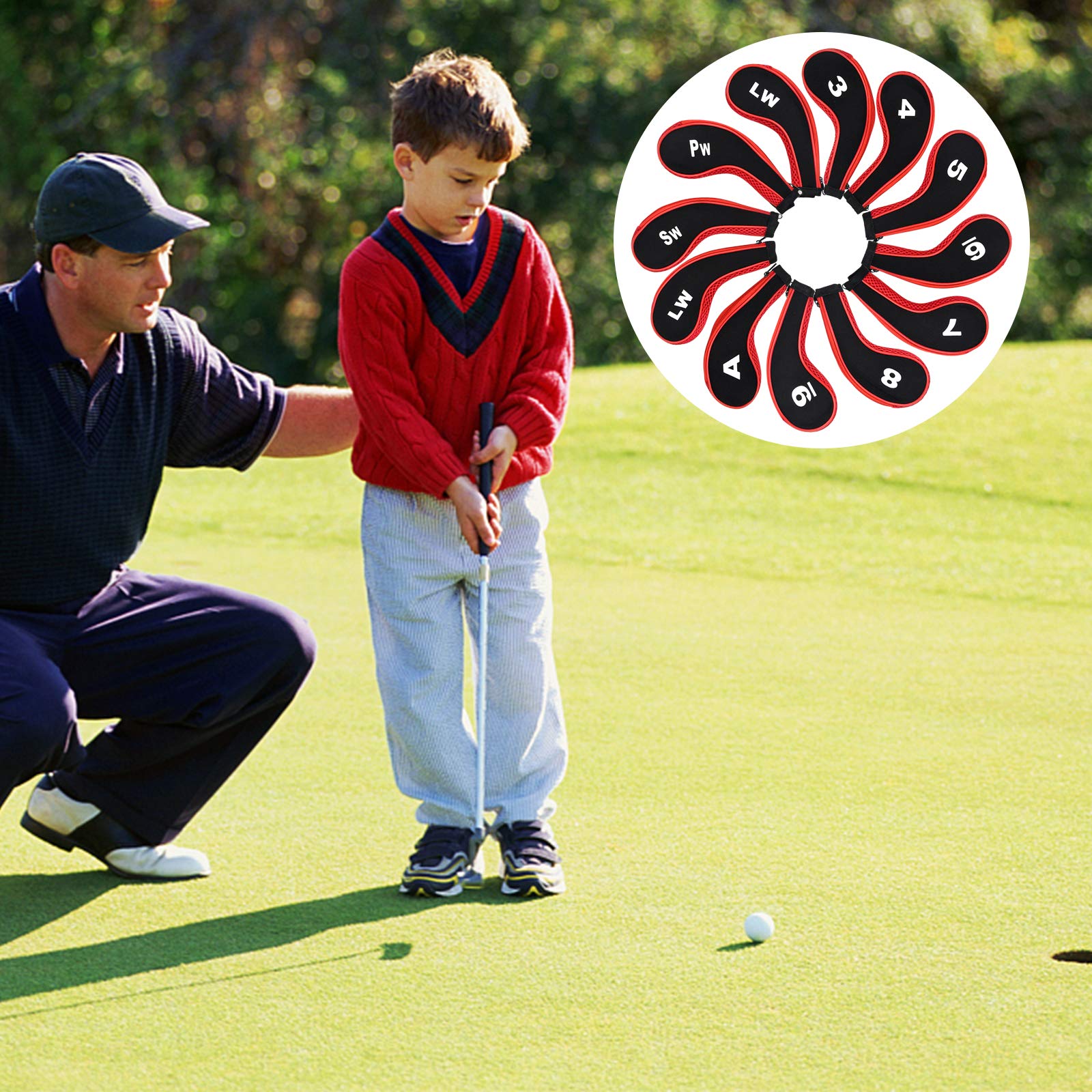Fundas de Hierro para Palos de Golf 12 Piezas Números 3-9 A/SW/PW Cremallera Cuello Largo Rojo