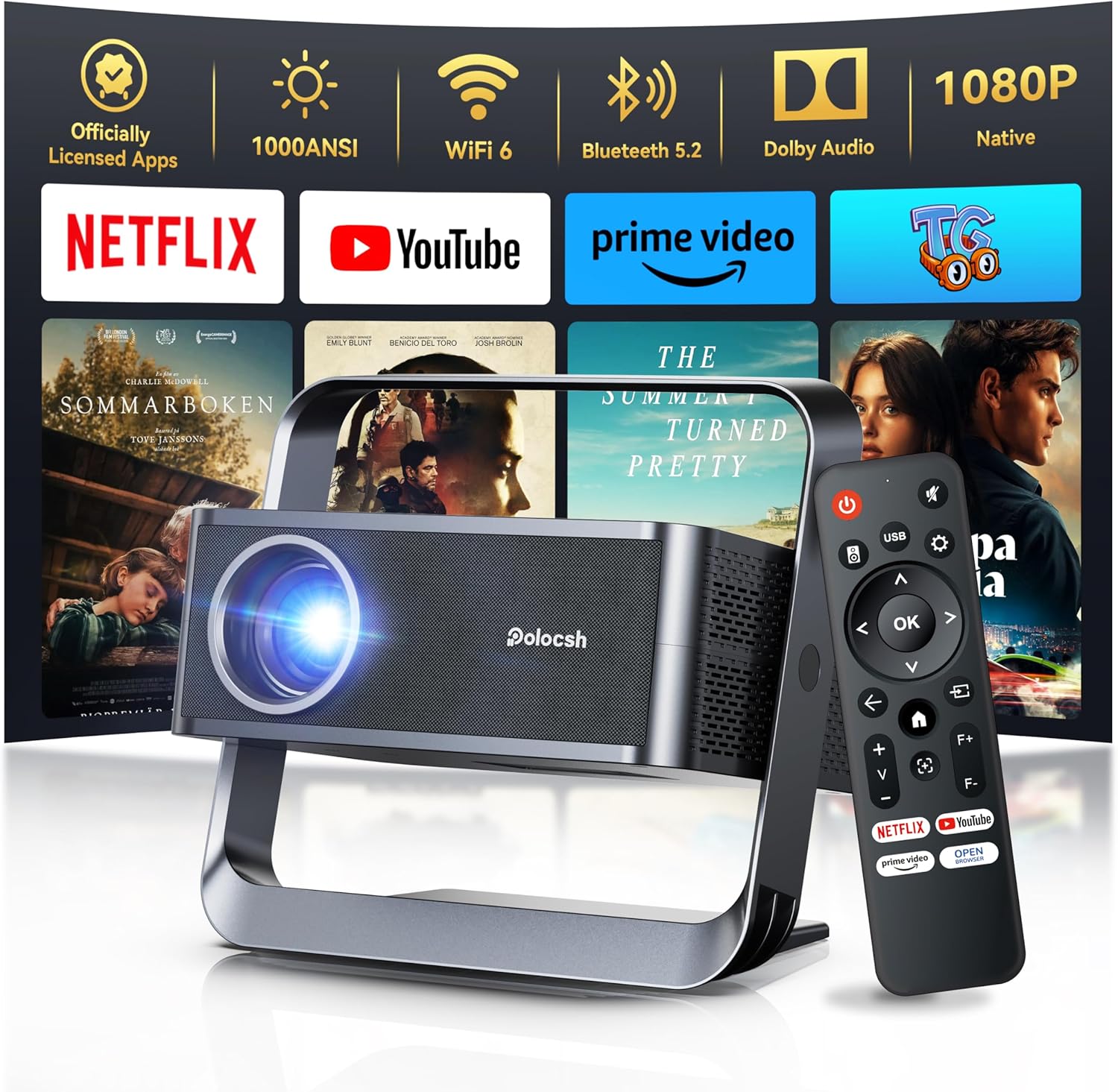 [Native 1080P & Official Licensed Apps] Polocsh 4K Projector with WIFI 6 and Bluetooth, 1000ANSI Smart Projector with Auto Keystone Protable Projectors Home Movie Outdoor Mini Proyector (Steel Gray)