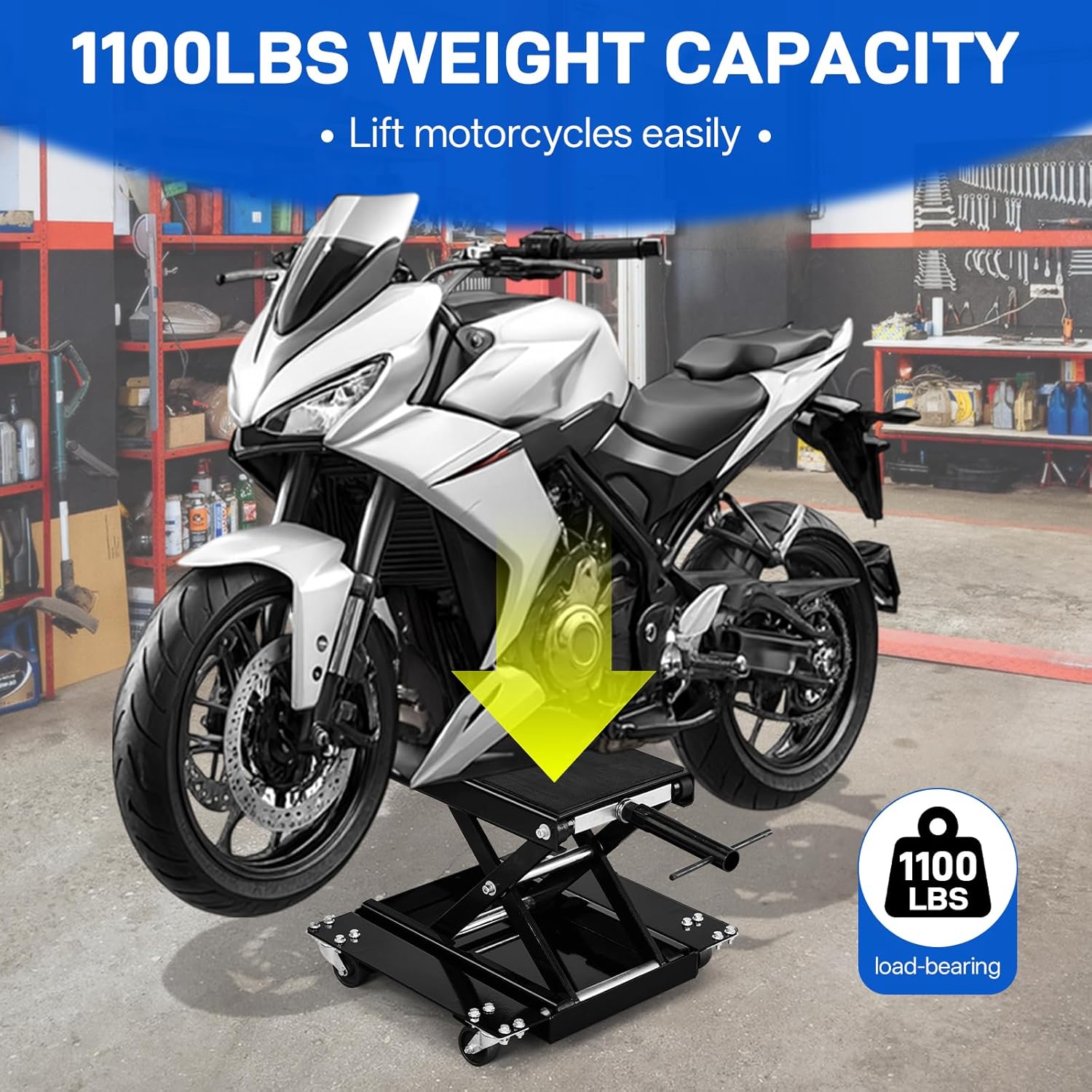 SUNROAD 1100 LBS Motorcycle Scissor Lift Jack with Dolly, Heavy Duty Motorcycle Center Stand with Wide Deck, Ratchet & Crank for Garage Maintenance, ATV & Dirt Bike