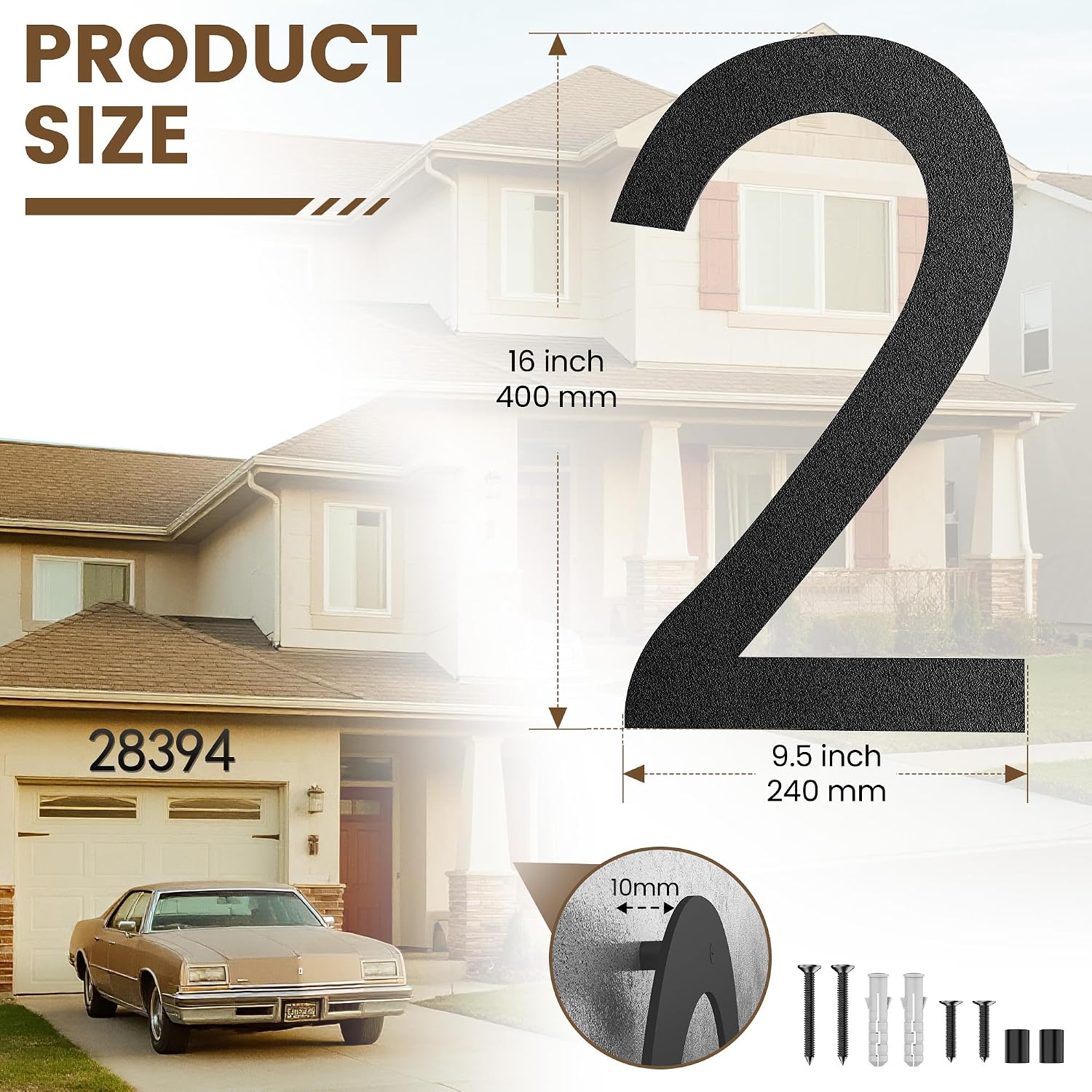 16 Inch Large Modern House Numbers for Outside, Matte Black Metal Outdoor Address Numbers with Floating 3D Shadow & All Mounting Hardware, Weatherproof for Home/Garage/Apartment/Hotel (TWO)