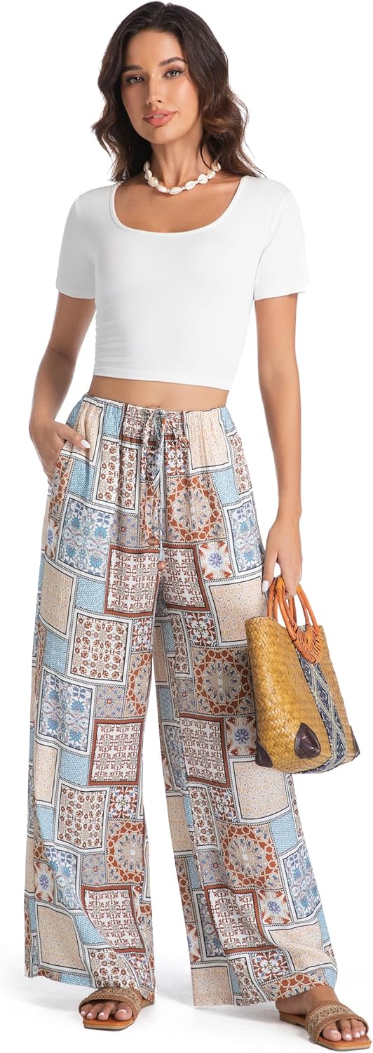 Womens Casual Mid Waist Wide Leg Pants Summer Floral Solid Palazzo Baggy Pants Lounge Beach Trousers with Pocket - Image 6
