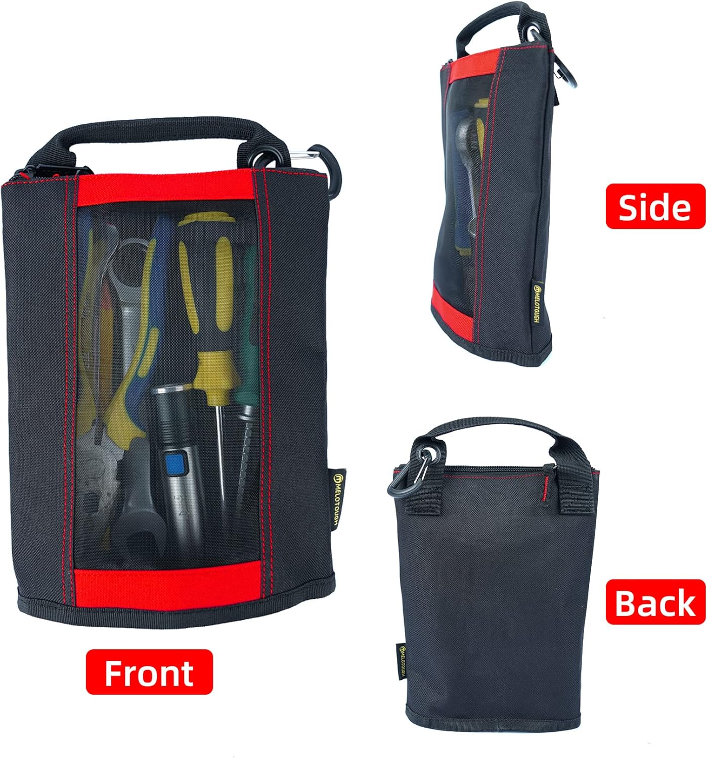 MELOTOUGH Fastener Bag Small Zip Tool Pouch Canvas Utility Zipper Tool Bag with Heavy Duty Mesh Window,Carabiner Clip (4 Pack)