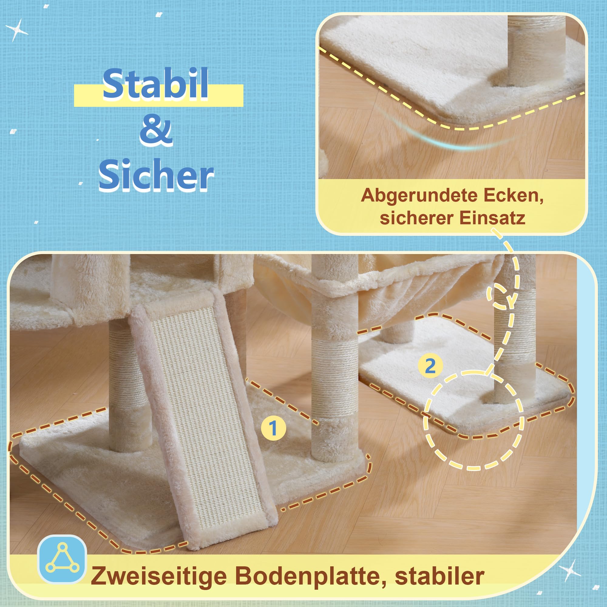 Hey-brother Kratzbaum, Stufiger Katzenbaum für Großkatze, mit 3 Katzenbetten, großer Hängematte, liegefläche und Sisalkratzbrett – großes internes Katzenmöbel, 160 cm hoch, Beige EMPJ081M
