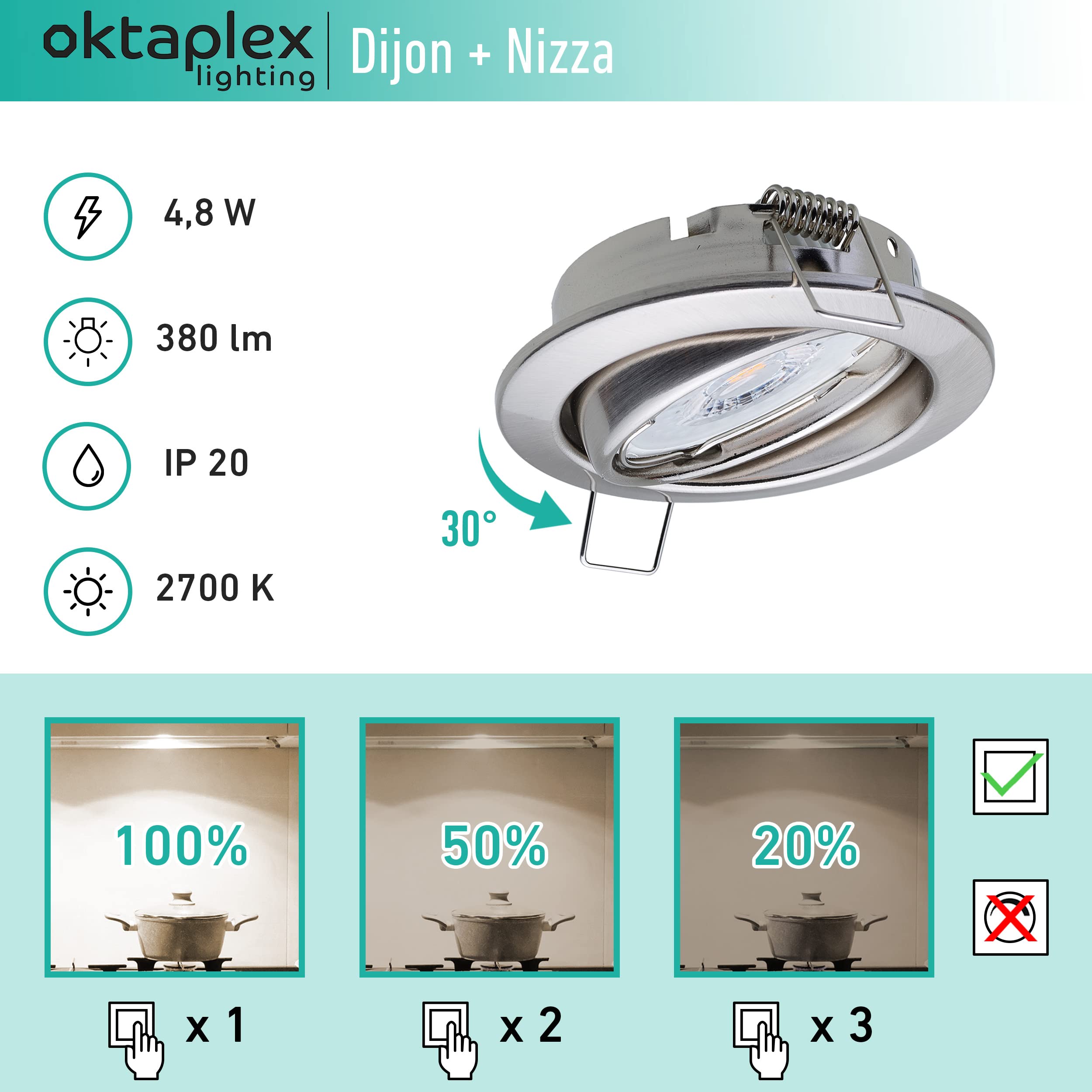 Oktaplex Set 6 Lámparas LED de Empotrar Orientable Dijon - Módulo LED Intensidad Regulable 3 Niveles 4,8W 2700K 230V 380Lm Ø68mm Luz Blanca Cálida