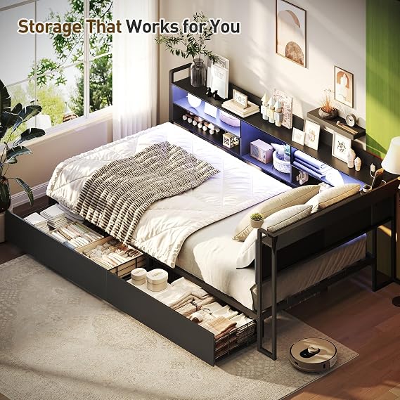 RALGEND Corner Bed Frame with Bookcase Storage and PU Upholstered, Twin Daybed with 2 Drawers and Charging Station, Metal Platform Bed Fram for Living Room, Bedroom, Guest Room, Black