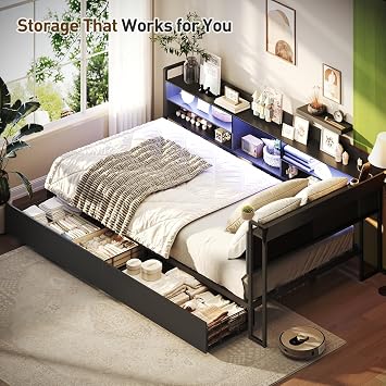 RALGEND Corner Bed Frame with Bookcase Storage and PU Upholstered, Twin Daybed with 2 Drawers and Charging Station, Metal Platform Bed Fram for Living Room, Bedroom, Guest Room, Black