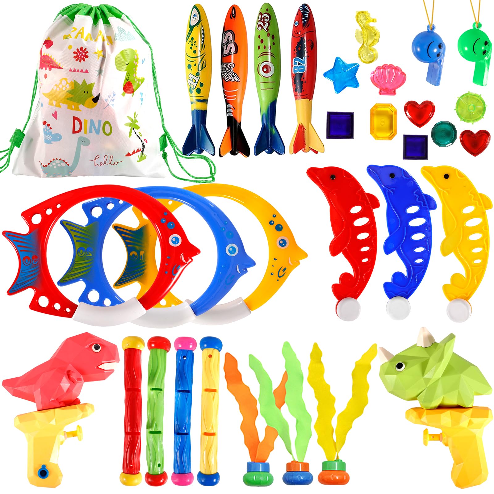 DONGQI 32 Piezas Juguetes de Buceo en Piscina,Juguetes para Nadar bajo el Agua Conjunto,Juguetes de Buceo Conjunto para Niños,Juguetes para Piscina Natación Subacuática Verano Juegos para Niños