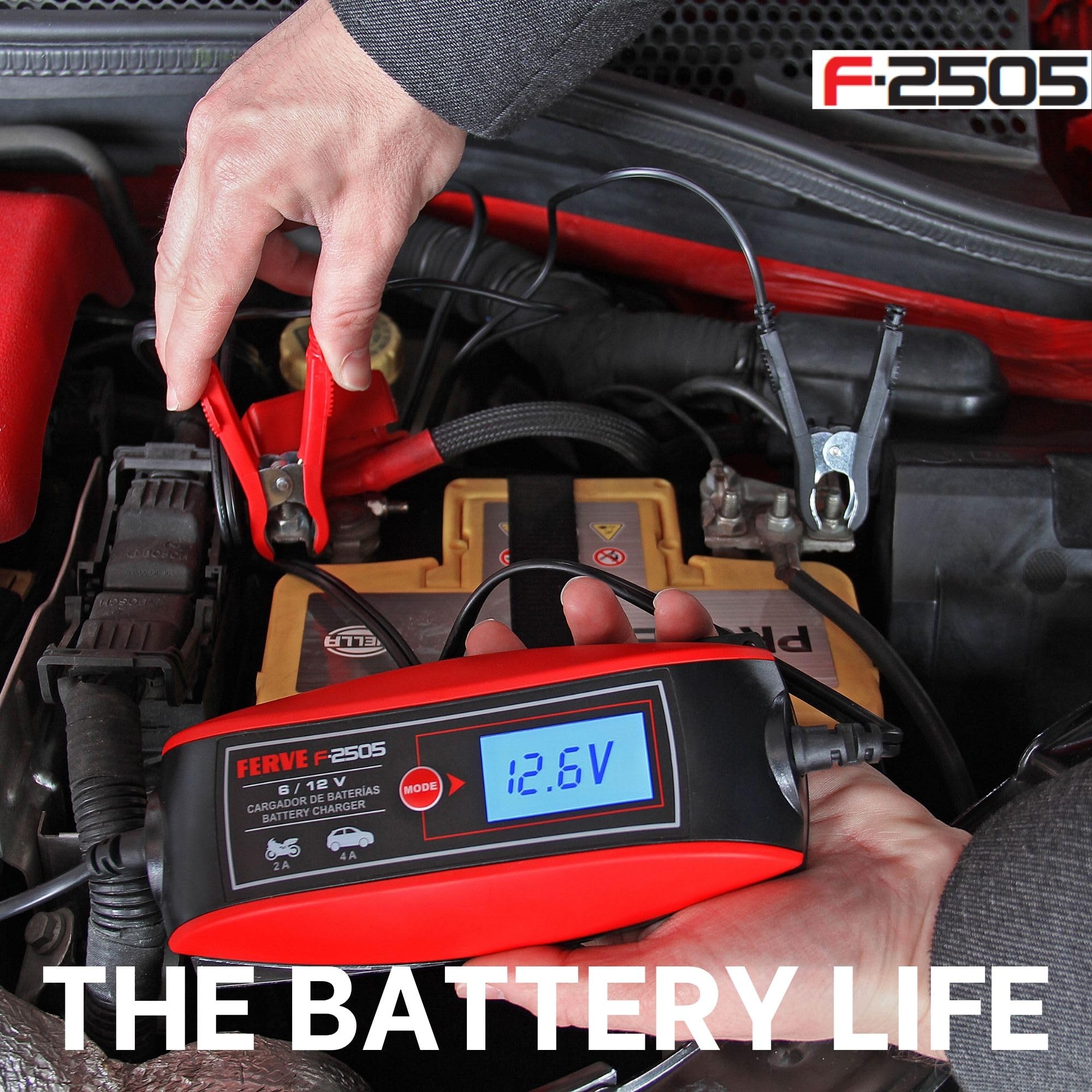 Ferve F-2505 Cargador de baterías, Negro, Rojo