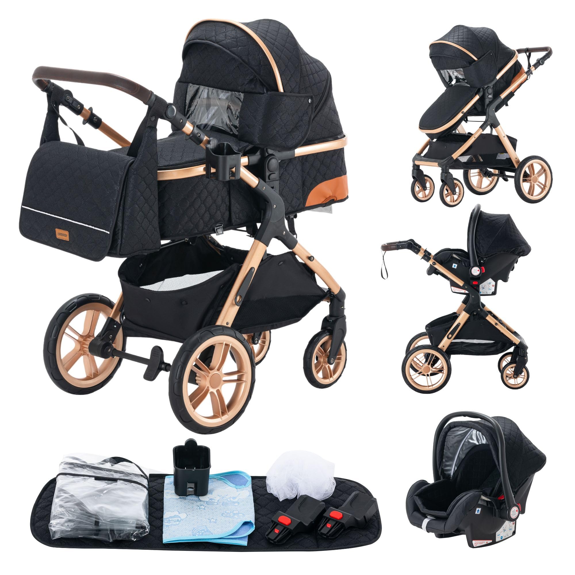 Passeggino 3 pezzi, carrozzina, passeggino 3 in 1, passeggino, sistema da viaggio, pieghevole, pneumatici in gomma, con accessori, Gondola, Adaptateurs, 25 kg (XX1 nero)…