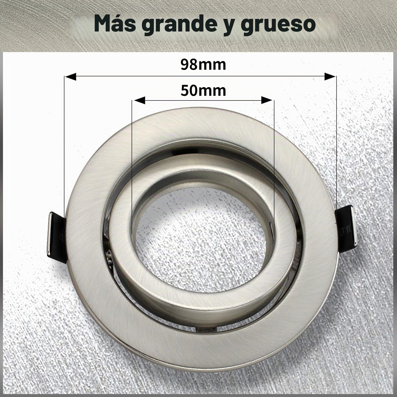 Set de Focos Empotrables GU10, 20x Marcos de Montaje en Metal Cepillado con Casquillo Cerámico GU10, Ø76-90 mm, Orientables a 30°, Para Lámparas LED o Halógenas, Diámetro de 98 mm, Forma Redonda