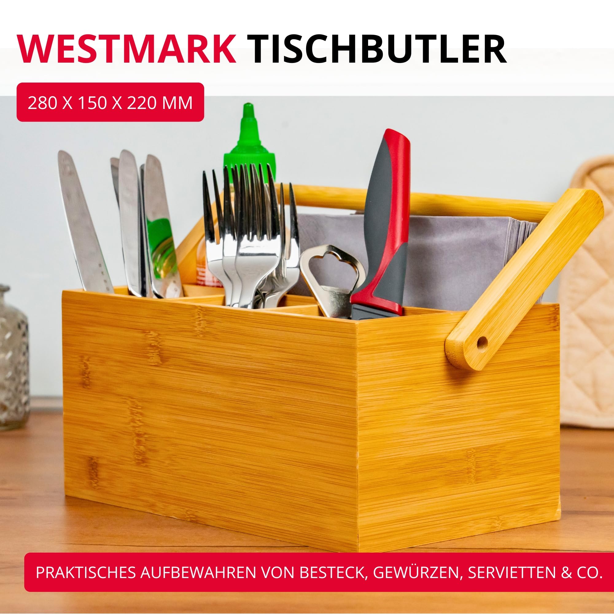 Westmark Küchen-Organizer/Tischbutler, 4 Fächer, mit Tragegriff, Maße: 28 x 15 x 22 cm, Bambus, Tapas + Friends, Hellbraun, 69802270