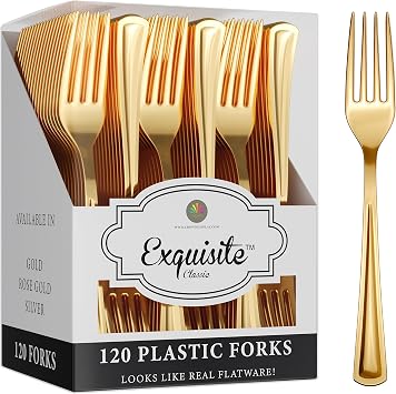 Exquisite Gold Plastic Forks Heavy Duty 120 Pieces Gold Plastic Silverware Heavy Duty Disposable Silverware Set, Disposable Forks Eating Utensils Sets Flatware Set For Parties & Events