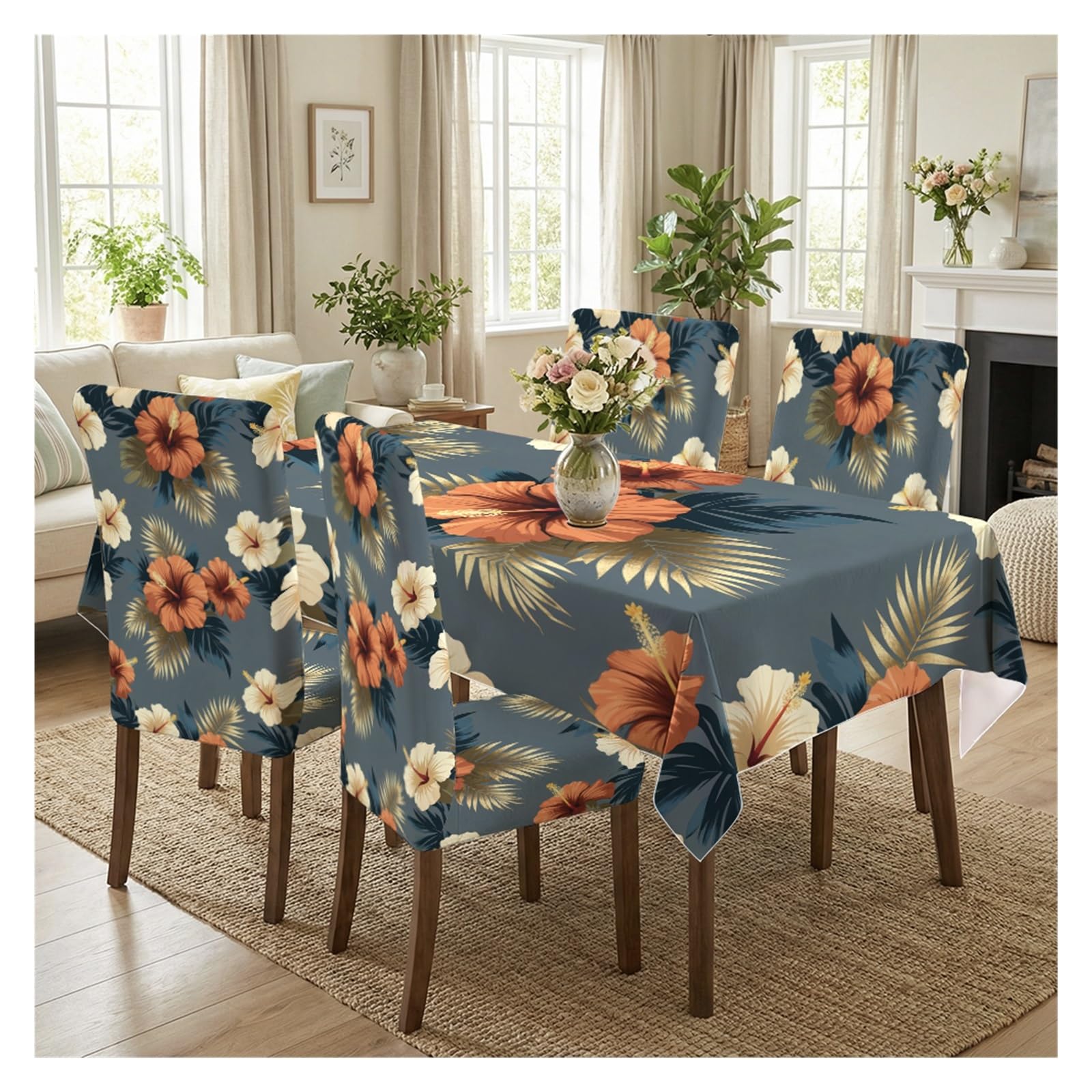 KXUAUV Stretch Dining Chair Slipcover & Tablecloth Set, Dark Teal Base Tropical Hibiscus Palm Leaf Print, 5/7 Pack, Exotic Coastal Home Decor Party Decor(5pcs Set: Tablecloth+Chair Covers)