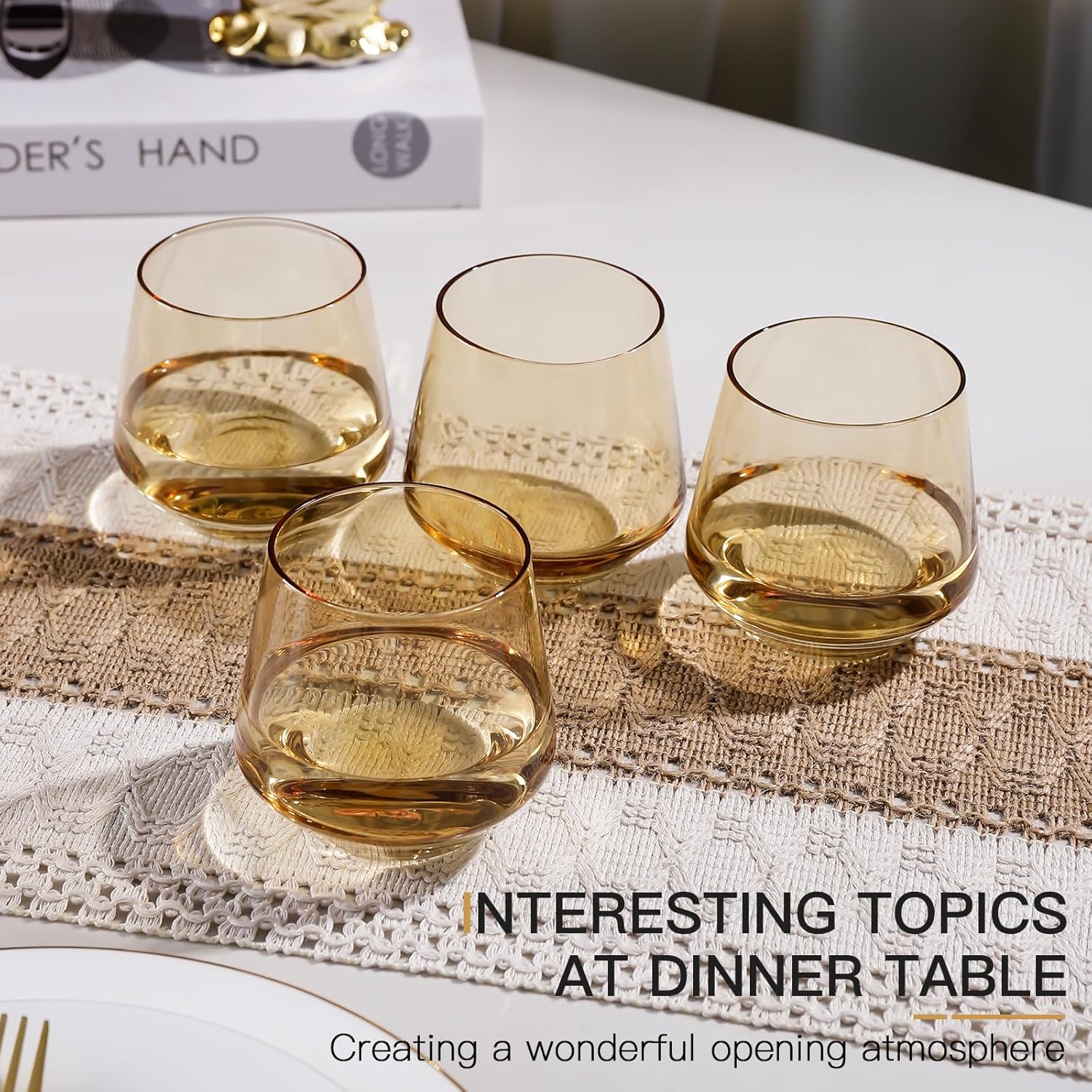 Amber Stemless Wine Glasses Set of 6-14oz Classic Design for Drinking, Amber Stemless Glassware for Beverages and Wine - Set for Parties Home and Bar Use New Year Gifts - Image 4