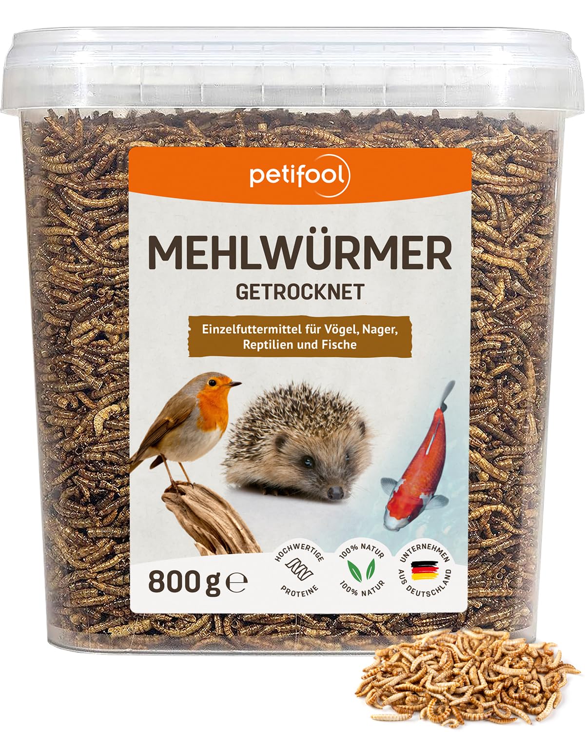 petifool Mehlwürmer 800g – getrocknete Mehlwürmer - gesunder Insektensnack für Schildkröten, Fische, Vögel, Reptilien und Nager