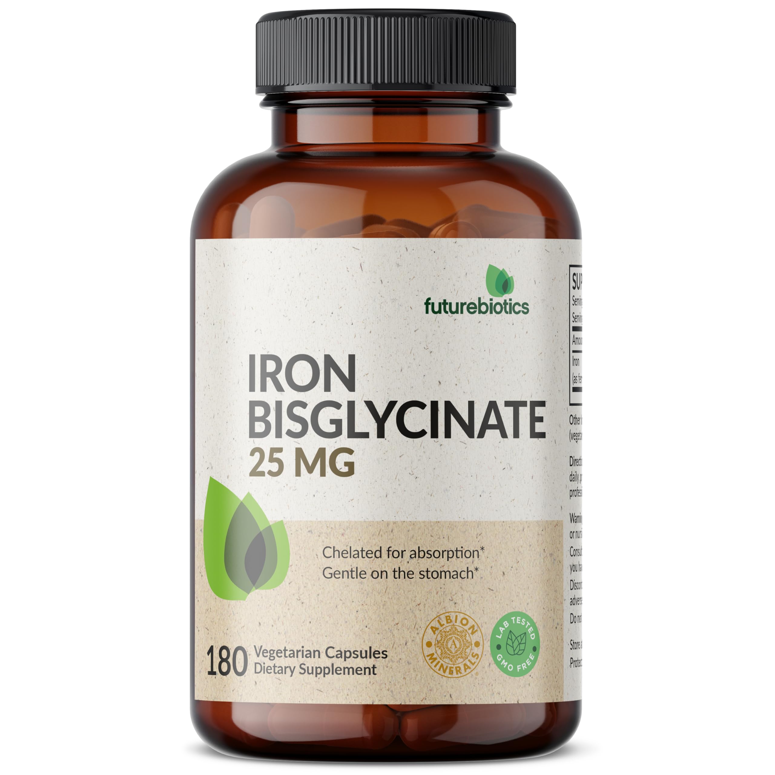 Futurebiotics Iron Bisglycinate 25mg Gentle on The Stomach, Supports Energy & Healthy Red Blood Cell Production - Non-Constipating Formula - Non GMO, 180 Vegetarian Capsules 180 Count (Pack of 1)