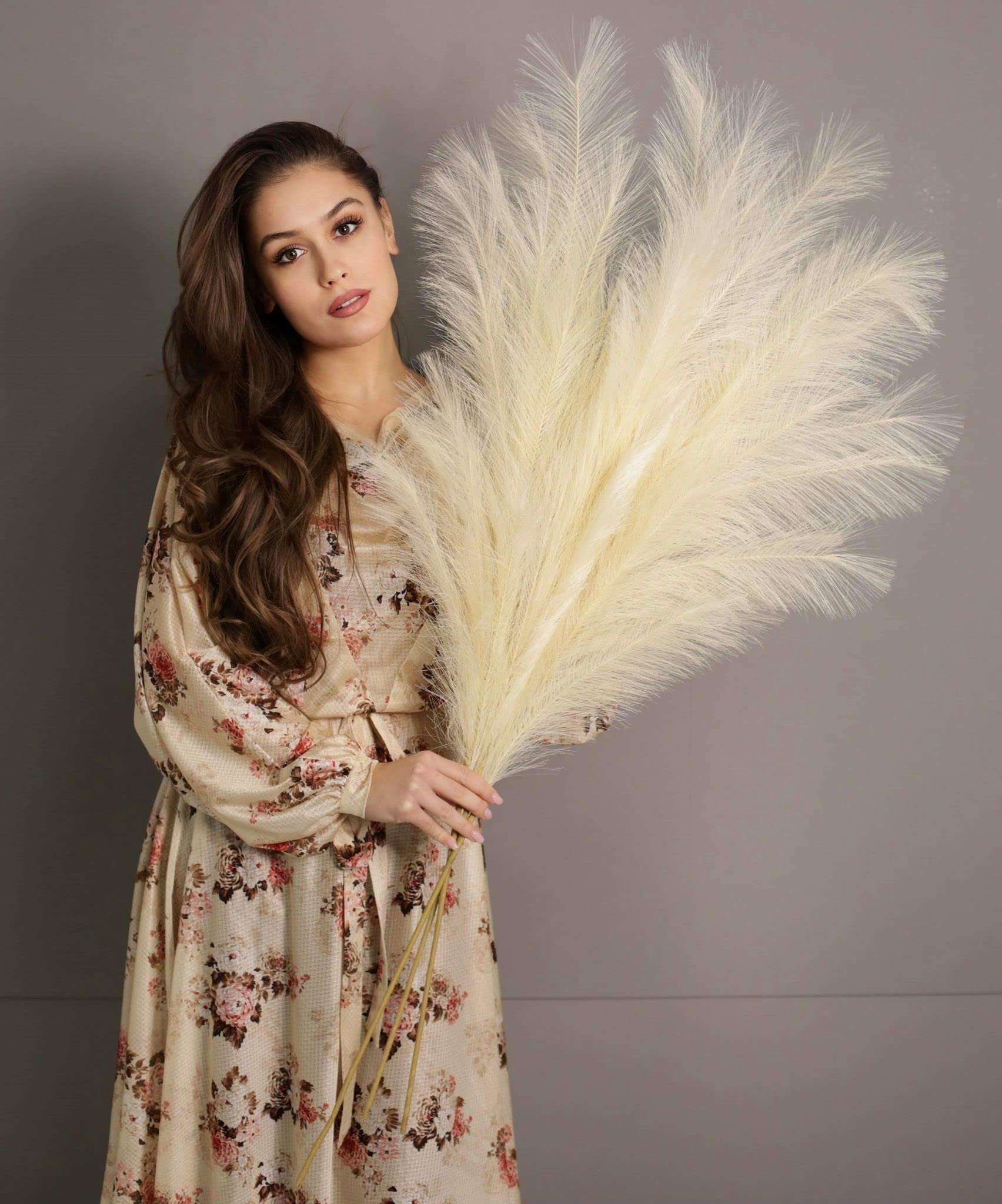 VOULUX Extra Large Tall Ivory Cream Fake Faux Artificial Pampas Grass Large Fluffy x3 115cm Stems x18 Decorative Artificial Flora Feathers For Floor Vases Tall Plant Flowers Long Pampas Grass โ image 1