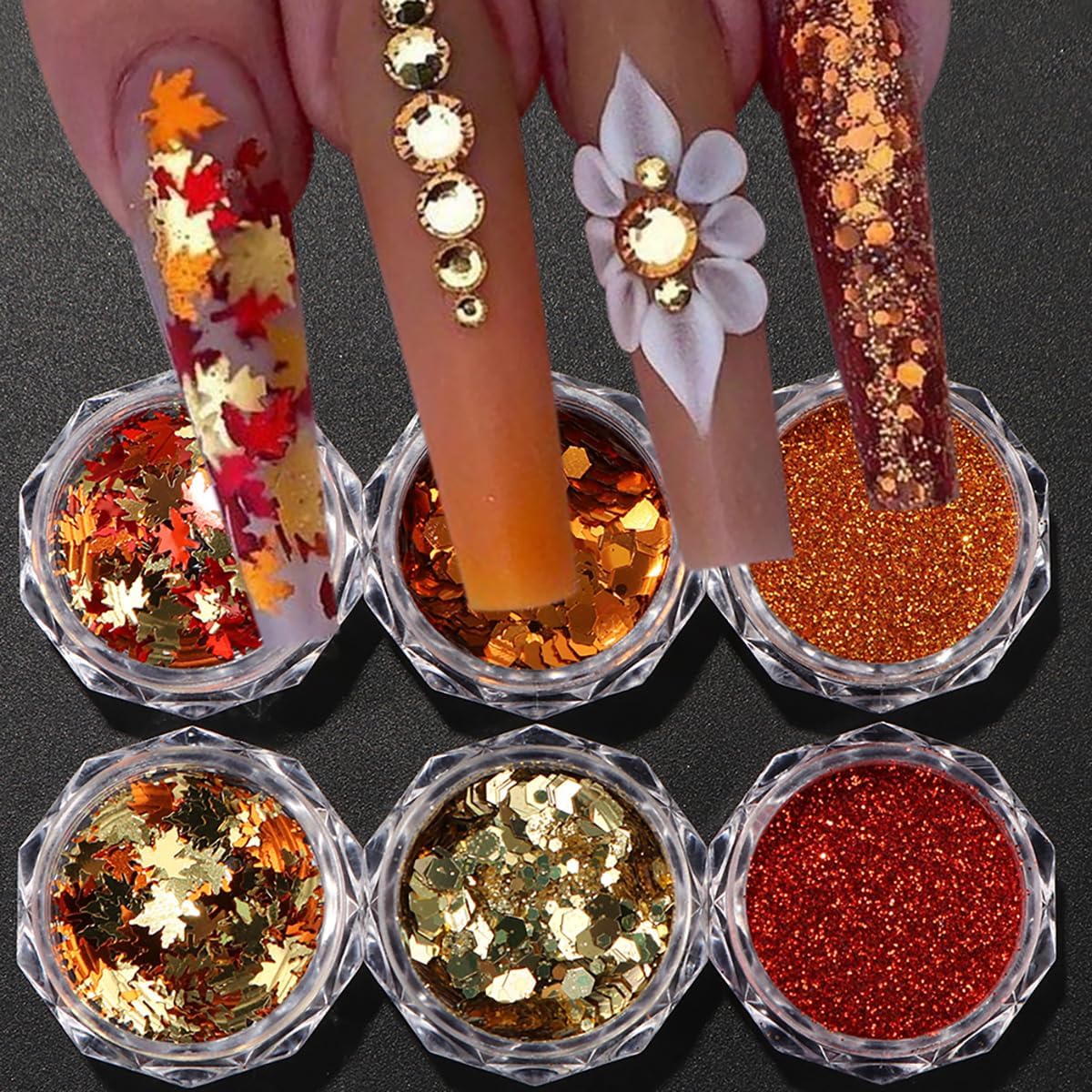 Fall Nail Art, Fall Leaves Nail Glitters Red Autumn Leaves Nail Art Flakes 3D Gold Maple Leaf Nail Sequins with Glitter Powder Gold Yellow Thanksgiving Nails Design for Acrylic Nails 6 Boxes