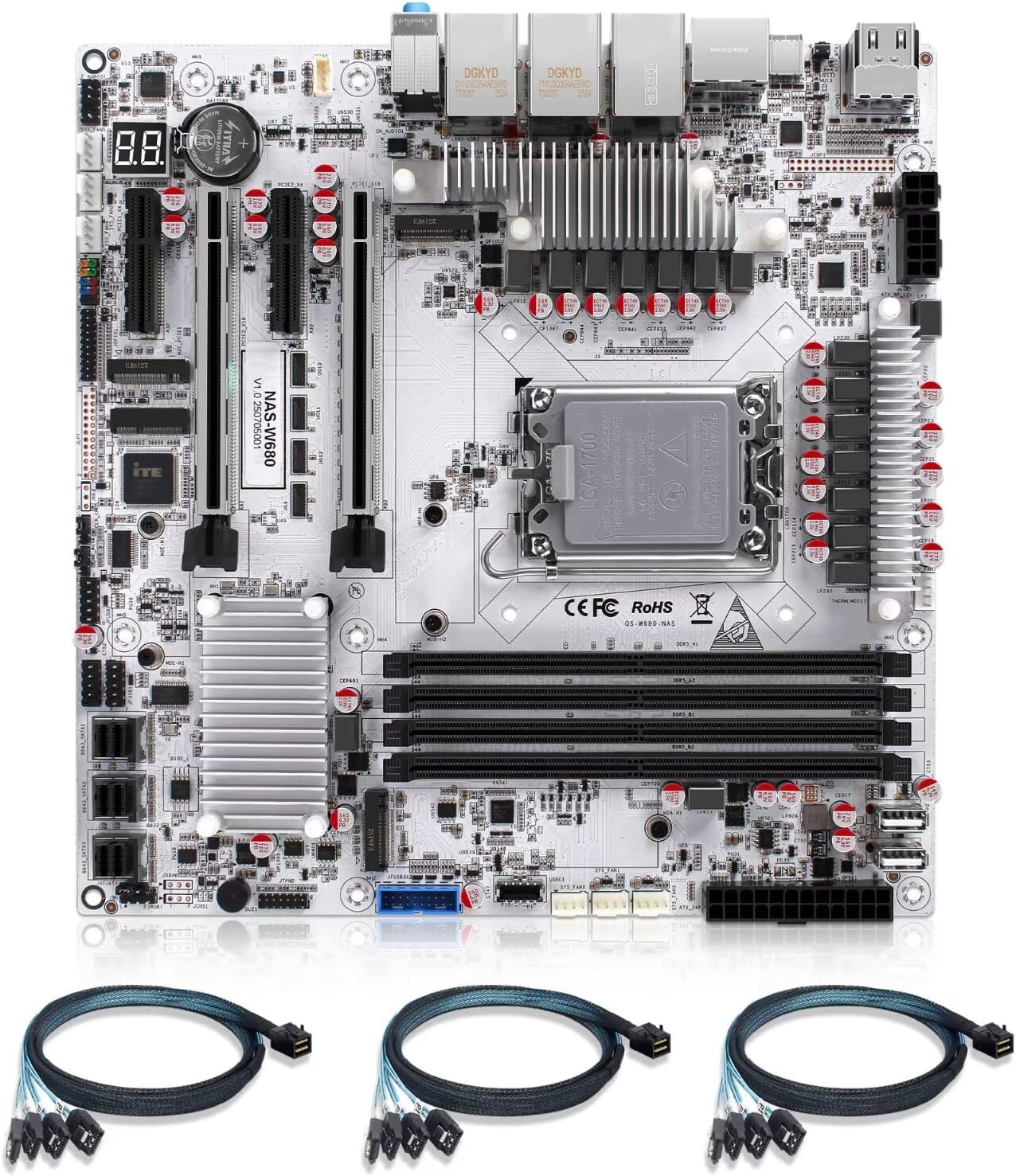 W680 Micro ATX NAS Motherboard, LGA1700 U-DIMM DDR5 ECC, 10G+2.5Gx2 LAN, 12 SATA Ports(with 3 x SFF 8643 Cables), Triple M.2, PCIe 5.0, Dual HD + Dual DP +USBC 5 Display for 12th/13th/14th Gen CPU
