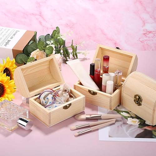 Miniatura 4 de Aodaer 4 piezas de cofre del tesoro de madera sin terminar decorativo de madera de pino con tapa con bisagras y cierre de bloqueo, cajas de madera