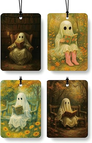 Miniatura 14 de Ambientador de coche lindo de Halloween, 4 piezas, diseño de calabaza retro espeluznante, fantasma, esqueleto humorístico, ambientador colgante para