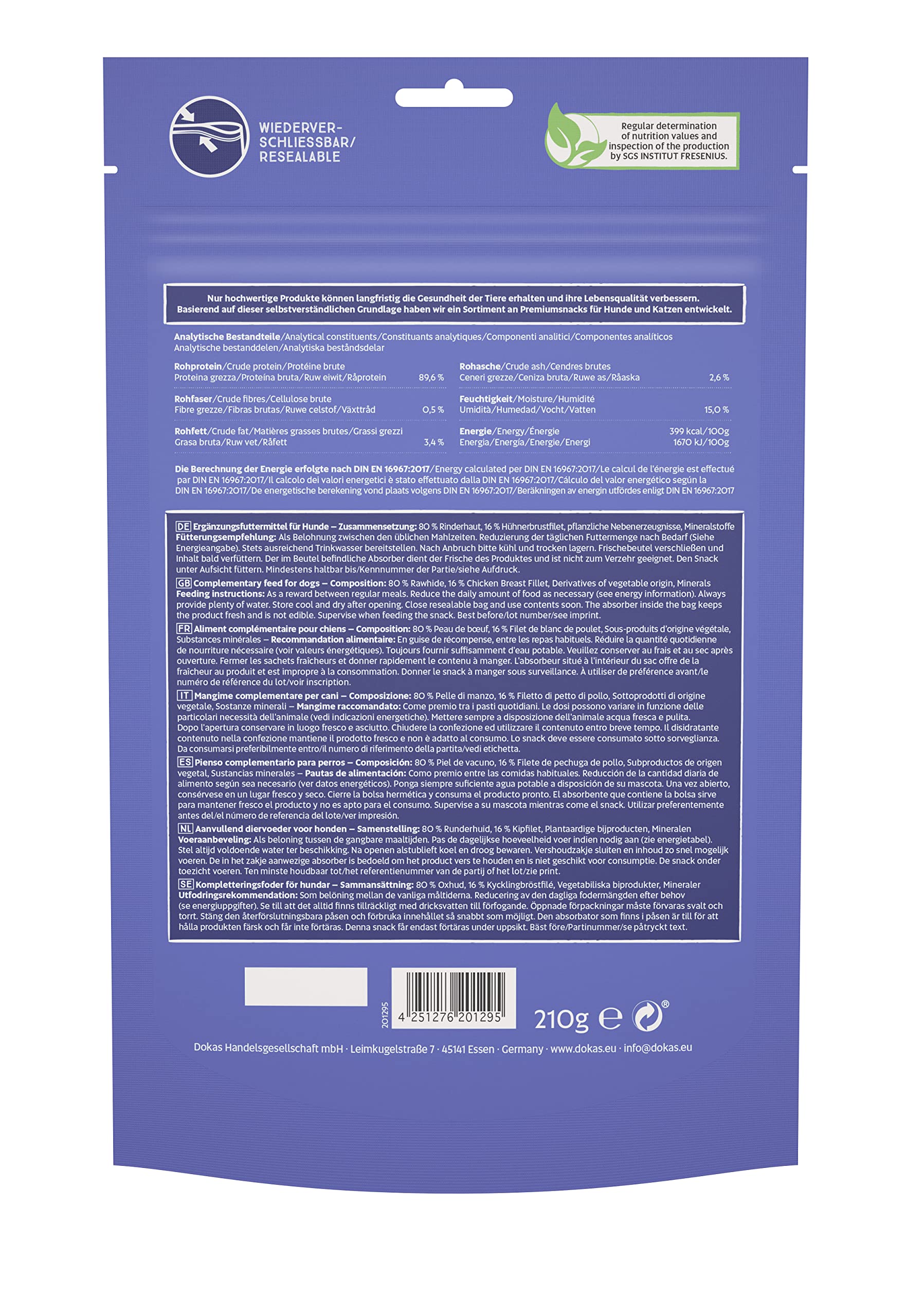 DOKAS Masticable premium sin cereales para perros y ndash; Ideal para perros grandes (paquete de 10 x 210 g)