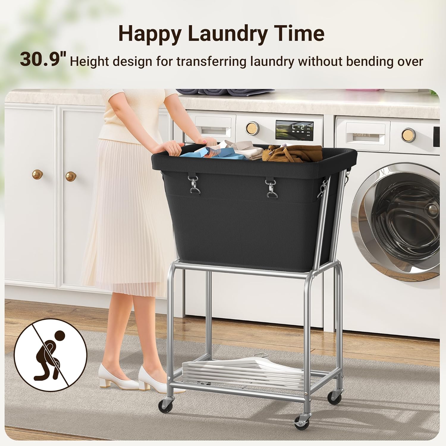 ELYKEN Laundry Cart with Wheels, Rolling Laundry Hamper with Removable Bag and Shelf, Metal Frame Laundry Basket with 4 Casters and 2 Brakes, Ideal for Bedroom, Bathroom, Laundry Room, Black