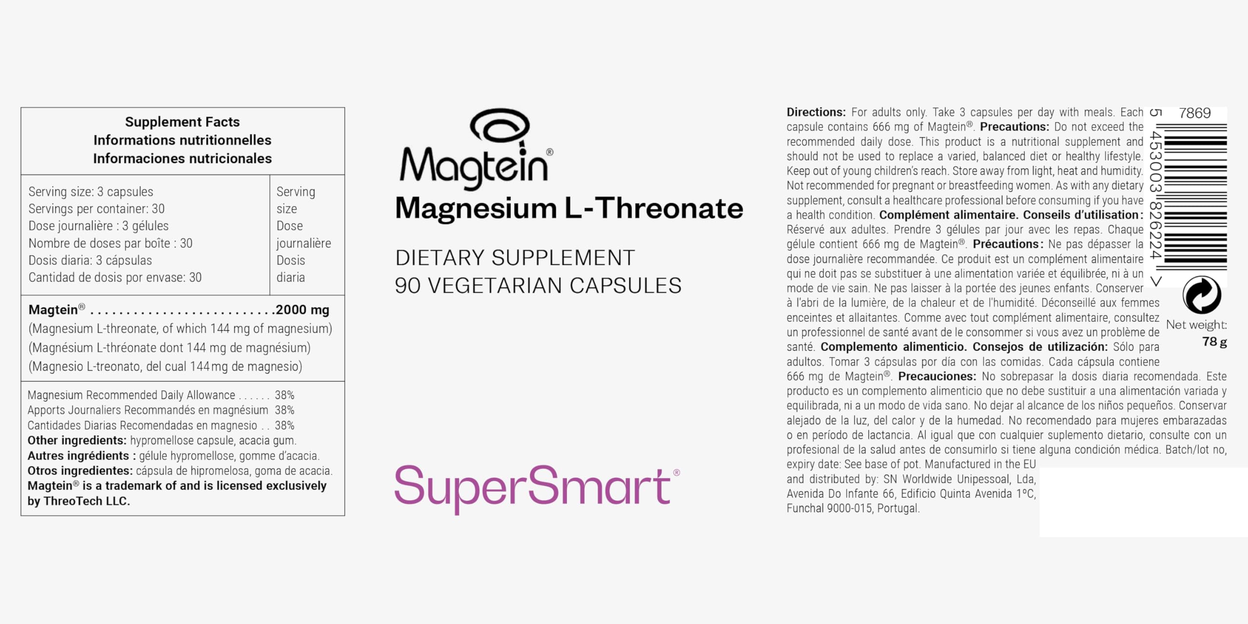 L-Treonato de Magnesio (Magtein) - Reduce la Fatiga - Vegano - SuperSmart
