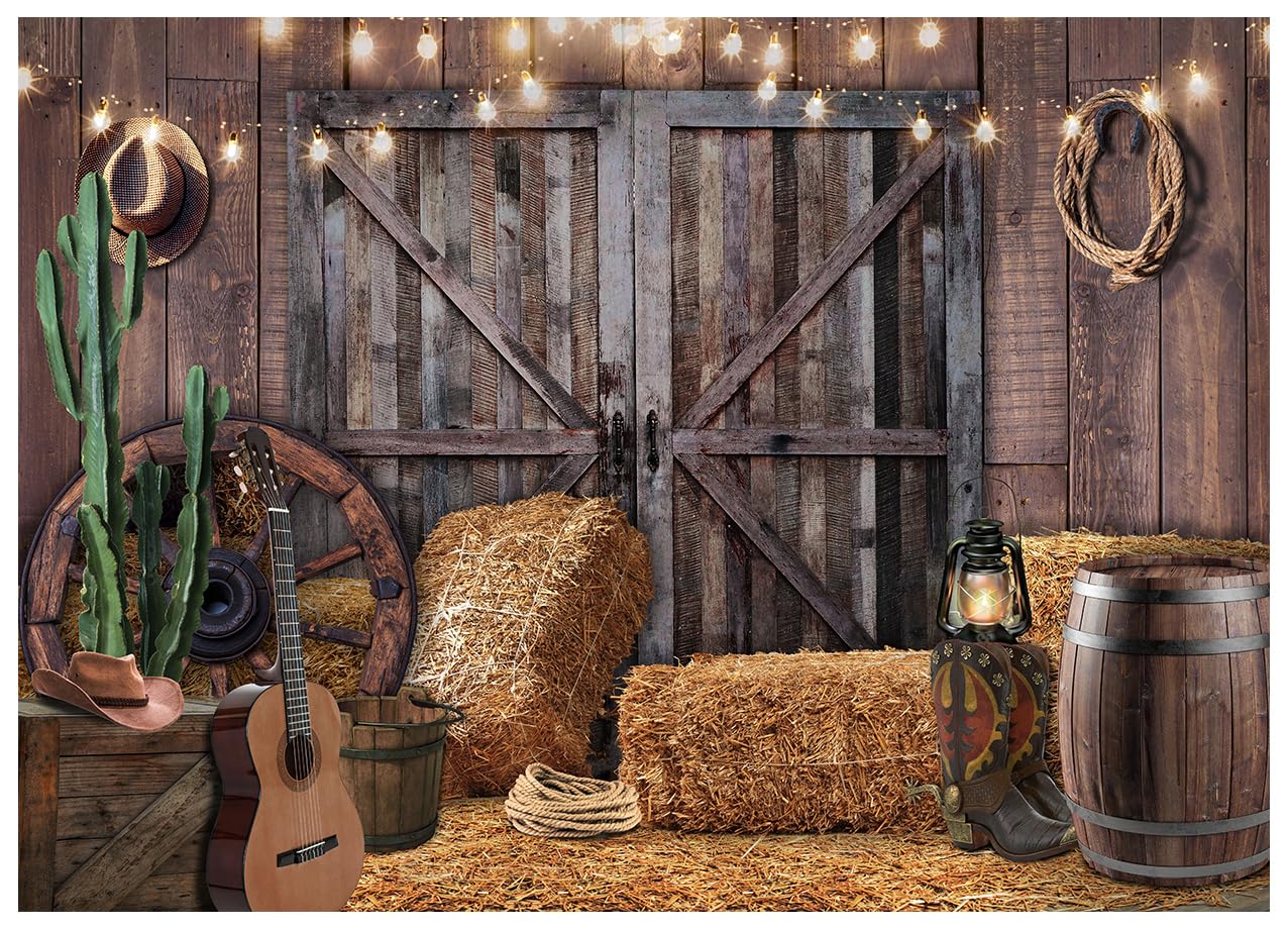 WOLADA Western Cowboy Theme Photography Backdrop Rustic Barn Door with Hay Bales Cactus Guitar String Lights Ideal for Country Style Photo Shoots