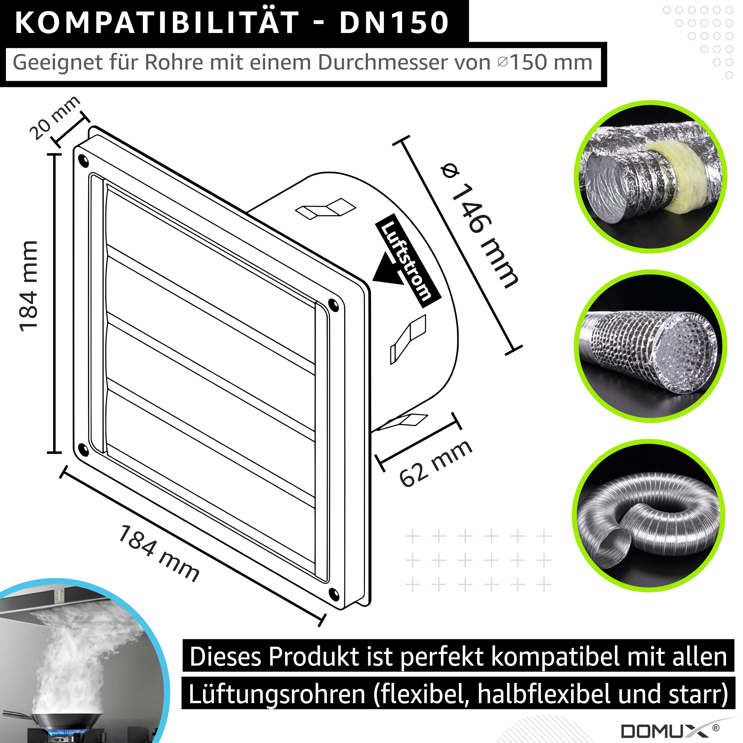 Edelstahl Lüftungsgitter 150mm für Dunstabzugshaube/Wäschetrockner - mit Insektenschutzgitter und Beweglichen Lamellen - Optimaler Luftstrom