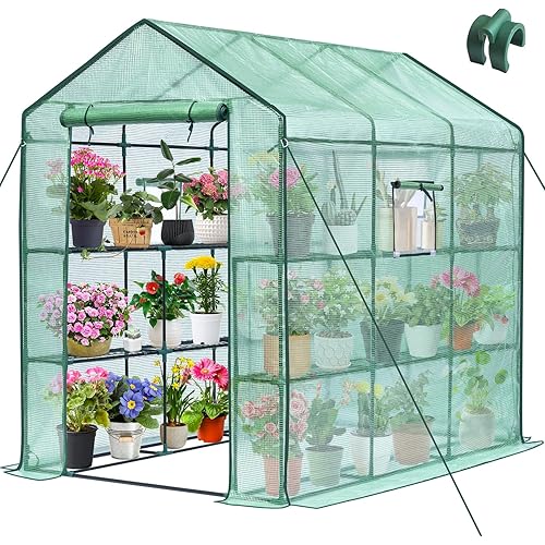 Greengro Greenhouse, 56 x 85 x 75'' Greenhouses for Outdoors, Portable Greenhouse Kit with Mesh Side Windows, PE Cover, 8 Shelves, Heavy Duty Walk in Green House for Backyard Garden Indoor Outside