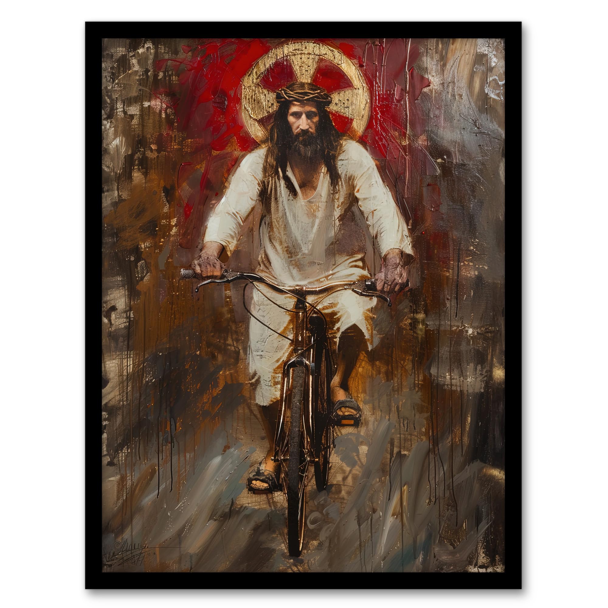 Artery8 Christ on a Bike Funny Oil Painting Living Room Artwork Framed Wall Art Print A4