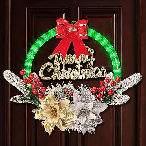 BLOOMWIN Coronas de Navidad para puerta delantera, corona de Navidad de 11 pulgadas con luces, palillos de flores, guirnalda verde preiluminada,