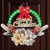 BLOOMWIN Christmas Wreath with LED Lights, 11'' Light Up Christmas Wreath Decorations Indoor, Flowers Picks, Green Prelit Small Reef Garland for Front Door, Windows, Battery Operated/Charging Port