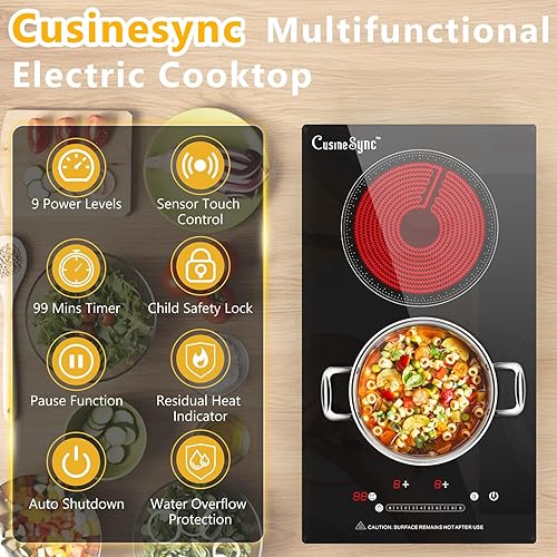 Miniatura 3 de Placa de Cocción Eléctrica de 2 Quemadores, Superficie de Cocina Eléctrica de 12 Pulgadas con 9 Niveles de Potencia, Control Táctil, Temporizador,