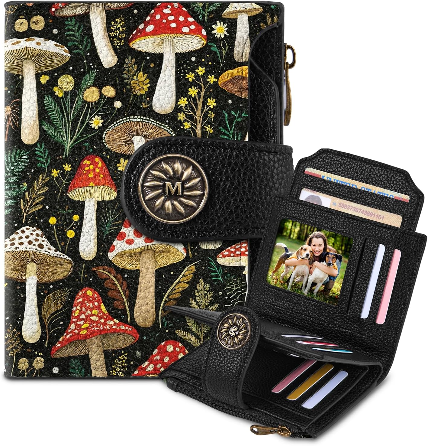 Mayski Mushroom Forest Small RFID Wallet Women, PU Leather Bifold Zipper Coin Pocket Compact Cash Credit Card Holder Purse, Cute Travel Wallet for Female Ladies Teen Girls, 4 ID Window 14 Card Slots