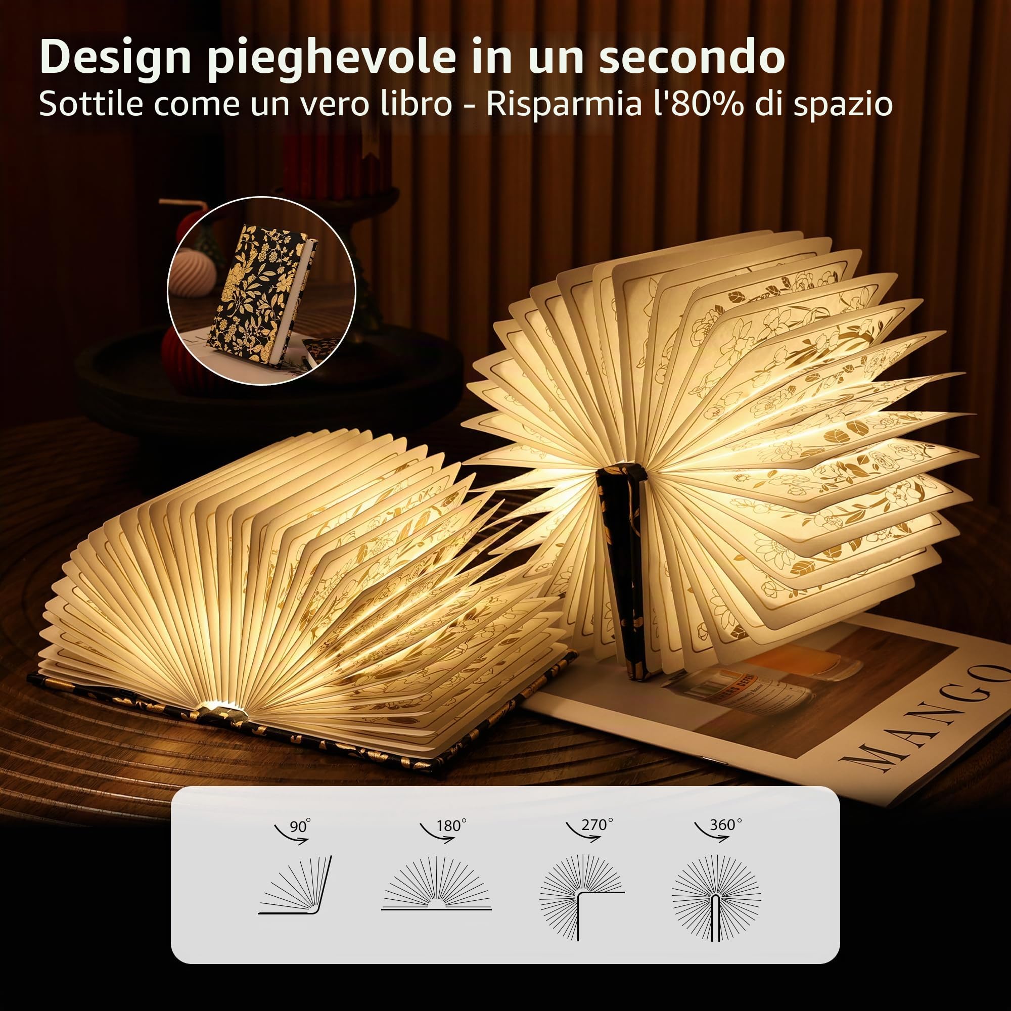 Lampada da libro con stampa floreale, lampada da libro a 3 colori, regalo per amanti dei libri, lampada da scrivania pieghevole portatile da 1200 mAh, lampada da lettura notturna, regalo per