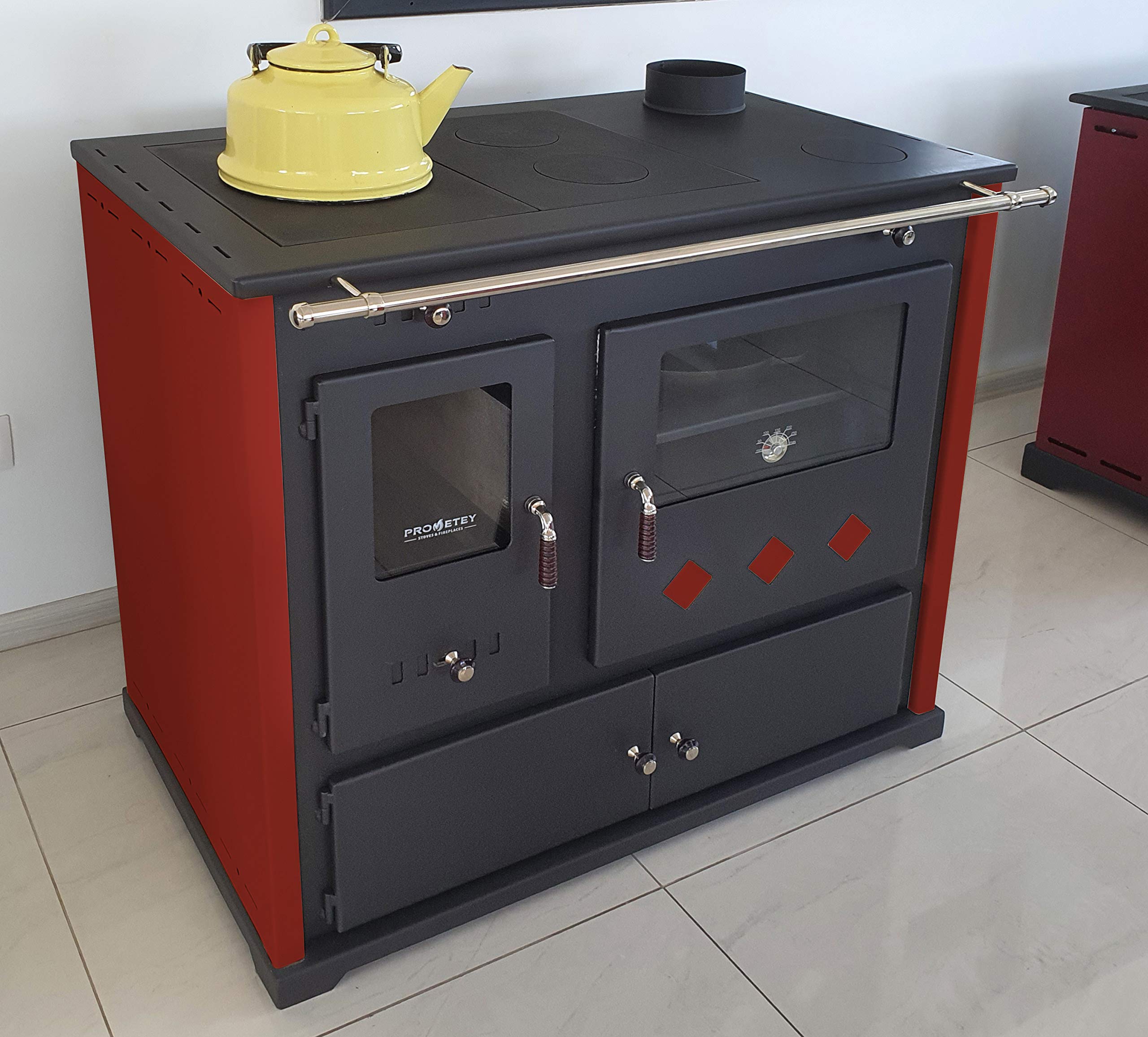 EEK Practik Lux - Stufa a legna con vano cottura e piano cottura, classe di efficienza A+ (9,5 k), colore: Rosso