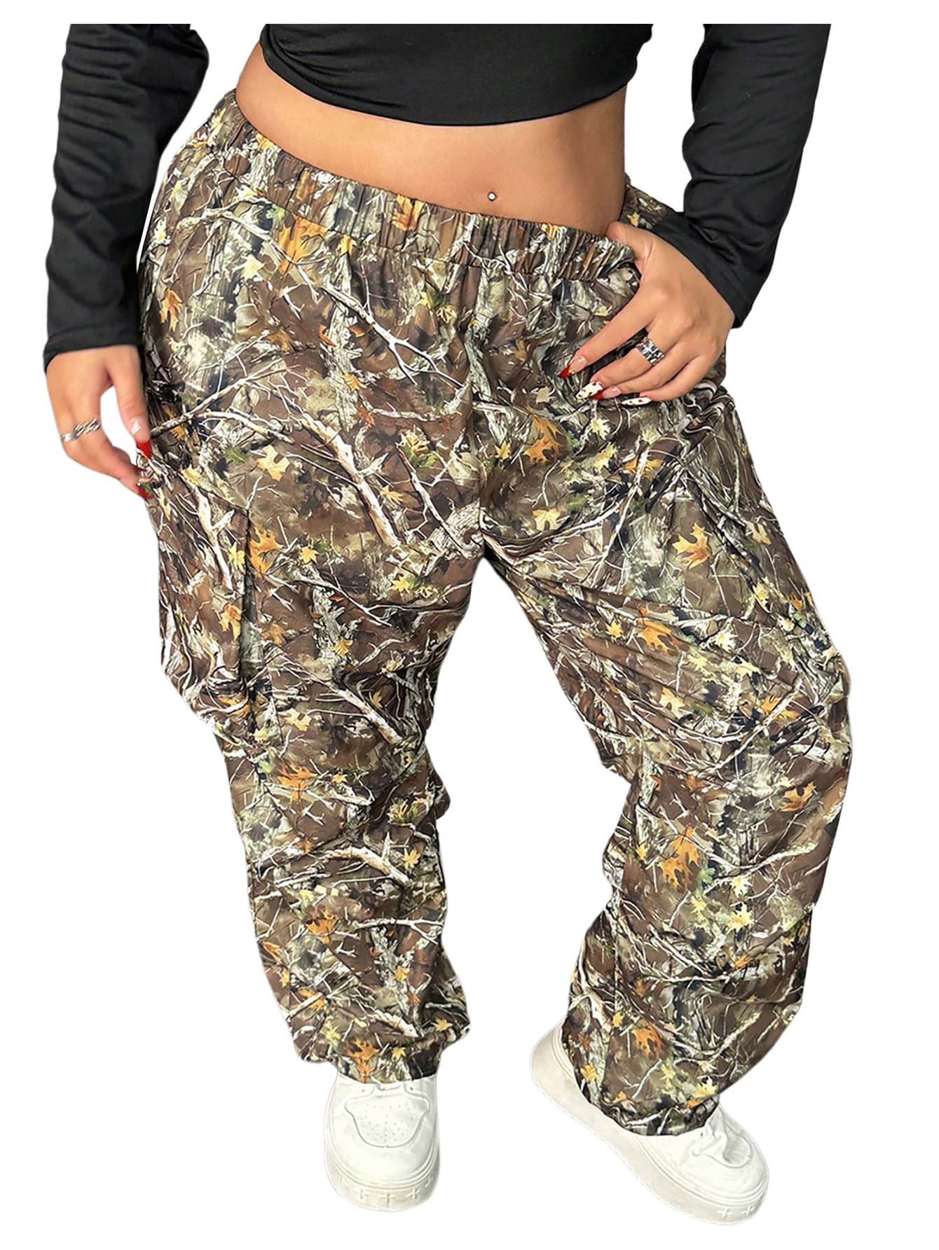 GORGLITTER Womens Plus Size Camo Army Fatigue Cargo Pants Baggy Camouflage Sweatpants Joggers Straight Leg Sweat Pants